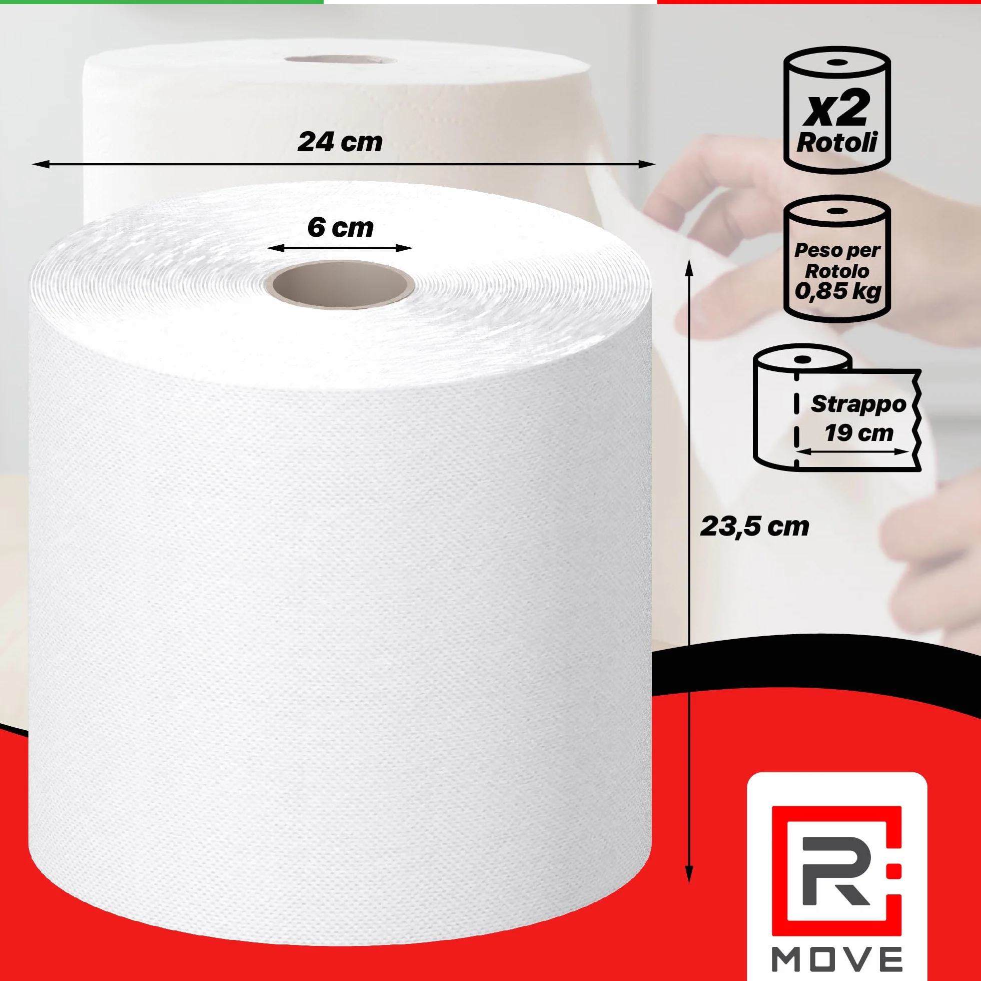 R MOVE 2 Rotoloni carta asciugatutto 1,7kg 900 strappi bobina industriale 2 veli pura cellulosa