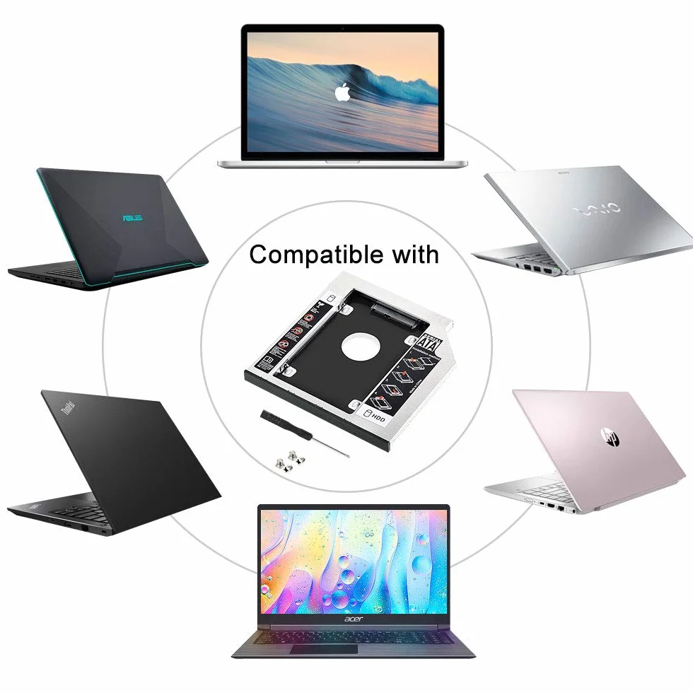 Hard Drive Caddy, 2 nd 2.5"HDD /SSD SATA 3 Telaio per Dischi Adattatore per 9.5mm Notebook CD/DVD