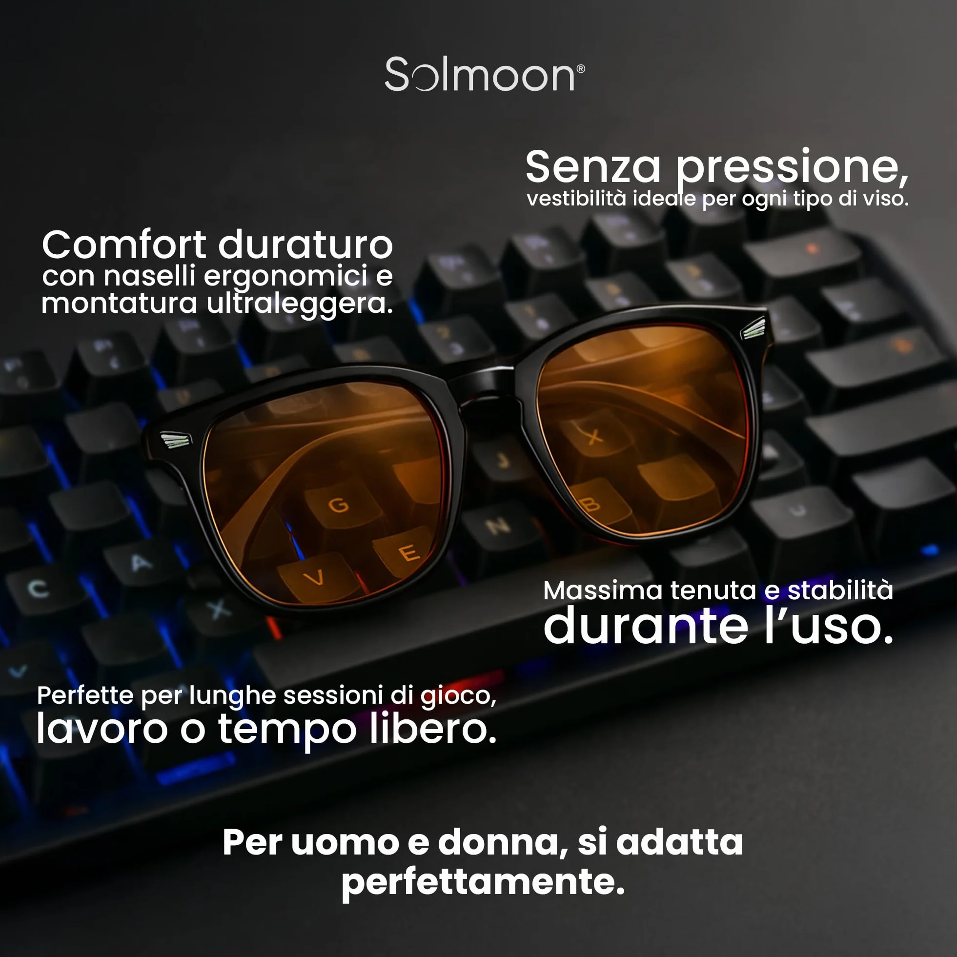 Solmoon Occhiali Luce Blu Filtro per Computer Schermi Gaming Uso Serale Materiali Non Tossici Custodia Rigida Premium