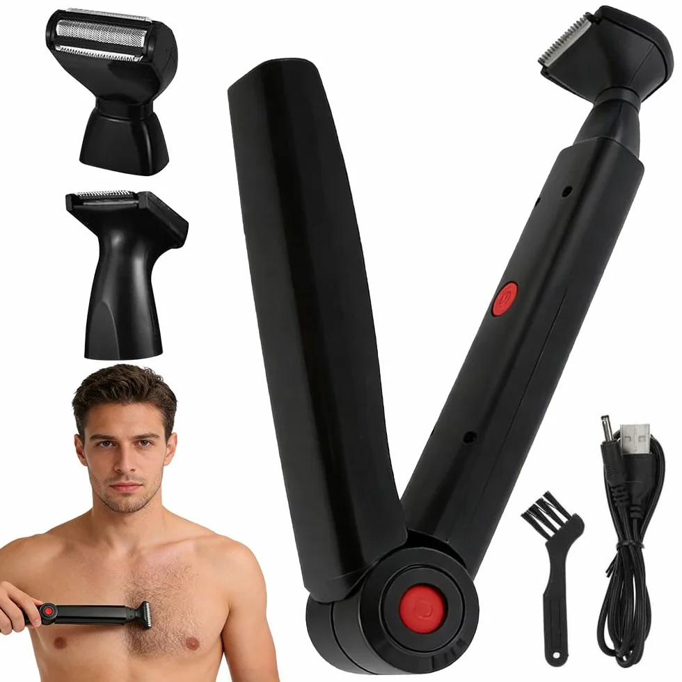 Rasoio Schiena Uomo Elettrico, Rasoio Corpo con 2 Testine Staccabile e Impugnatura Ergonomica, Pieghevole USB
