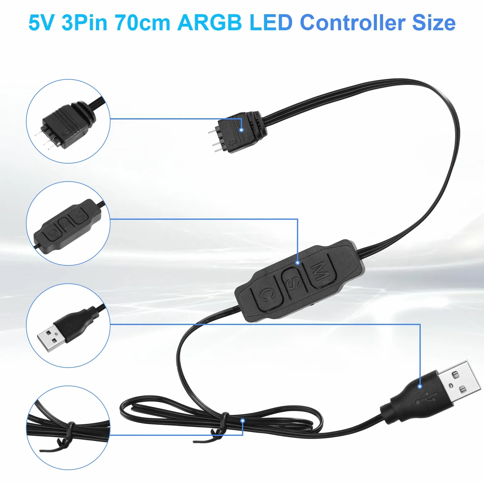 Controller LED ARGB 5V 3 pin 70cm USB mini RGB con pulsanti per PC fan strisce luminose