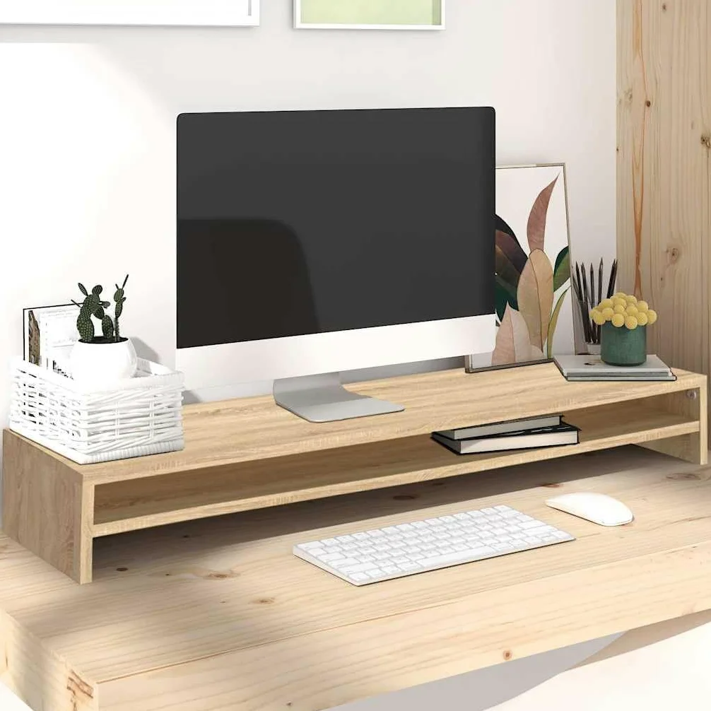 Supporto per monitor, in rovere Sonoma, 100 x 24 x 13 cm, ergonomico da scrivania con ripiano, doppio supporto per monitor per ufficio e home office
