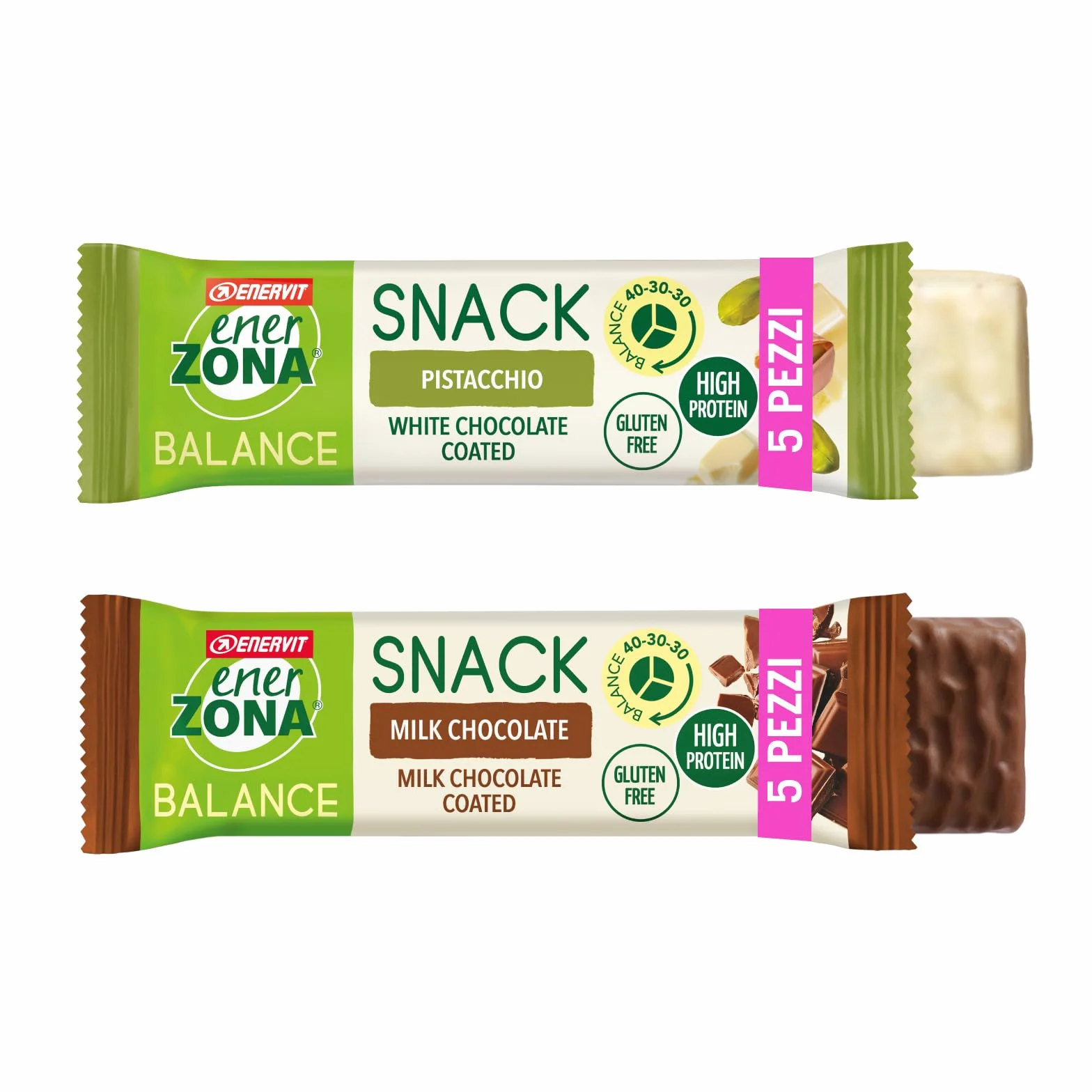 Enervit Enerzona Protein Snack 40-30-30 Variety Pack 5pz Pistacchio + 5pz Cioccolato al Latte Barrette Proteiche
