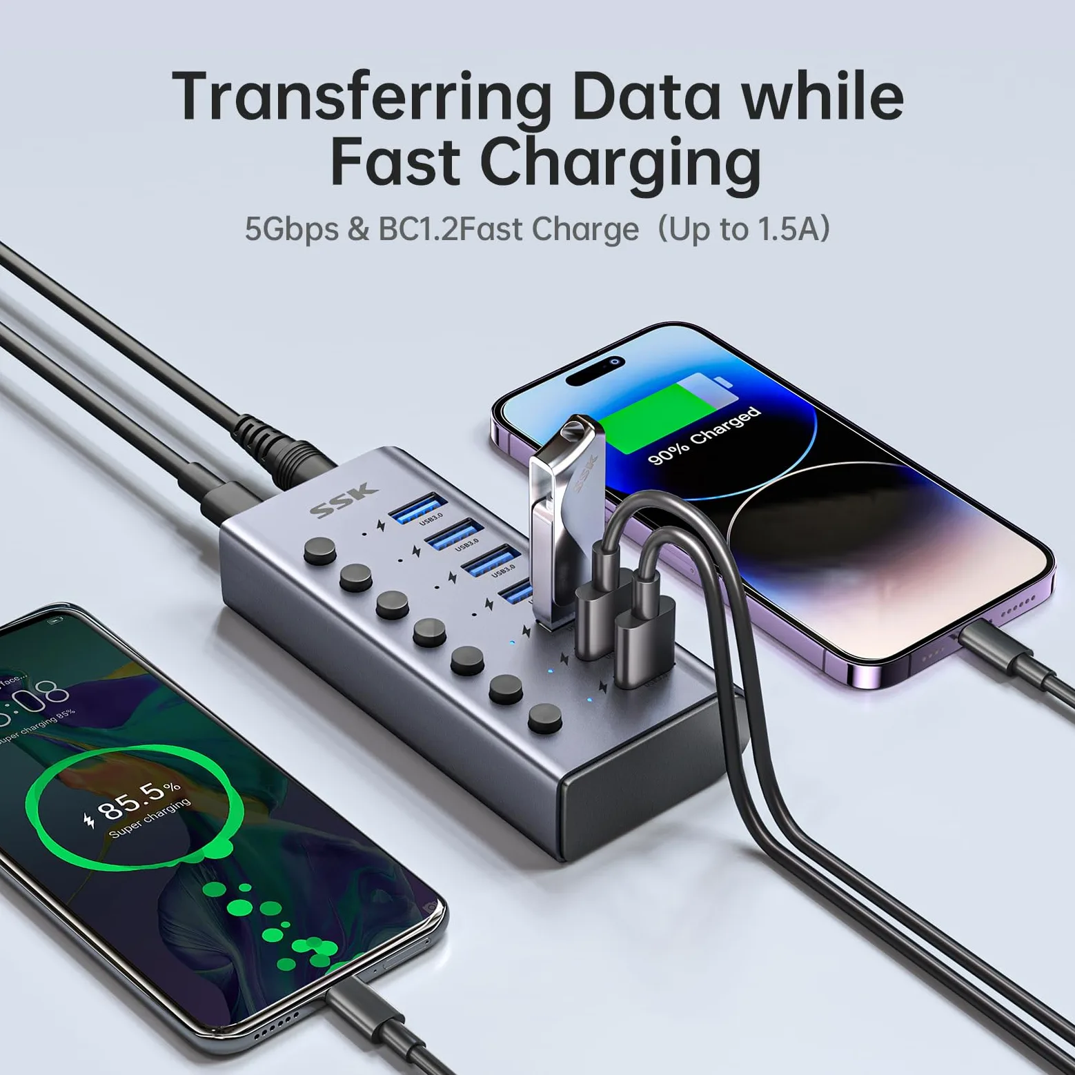 SSK Hub USB 3.0 alimentato a 7 porte, splitter di estensione USB in alluminio con interruttori e LED individuali, hub di ricarica USB a 5 Gbps di dati con adattatore DC12V3A e cavo da 3,93 piedi