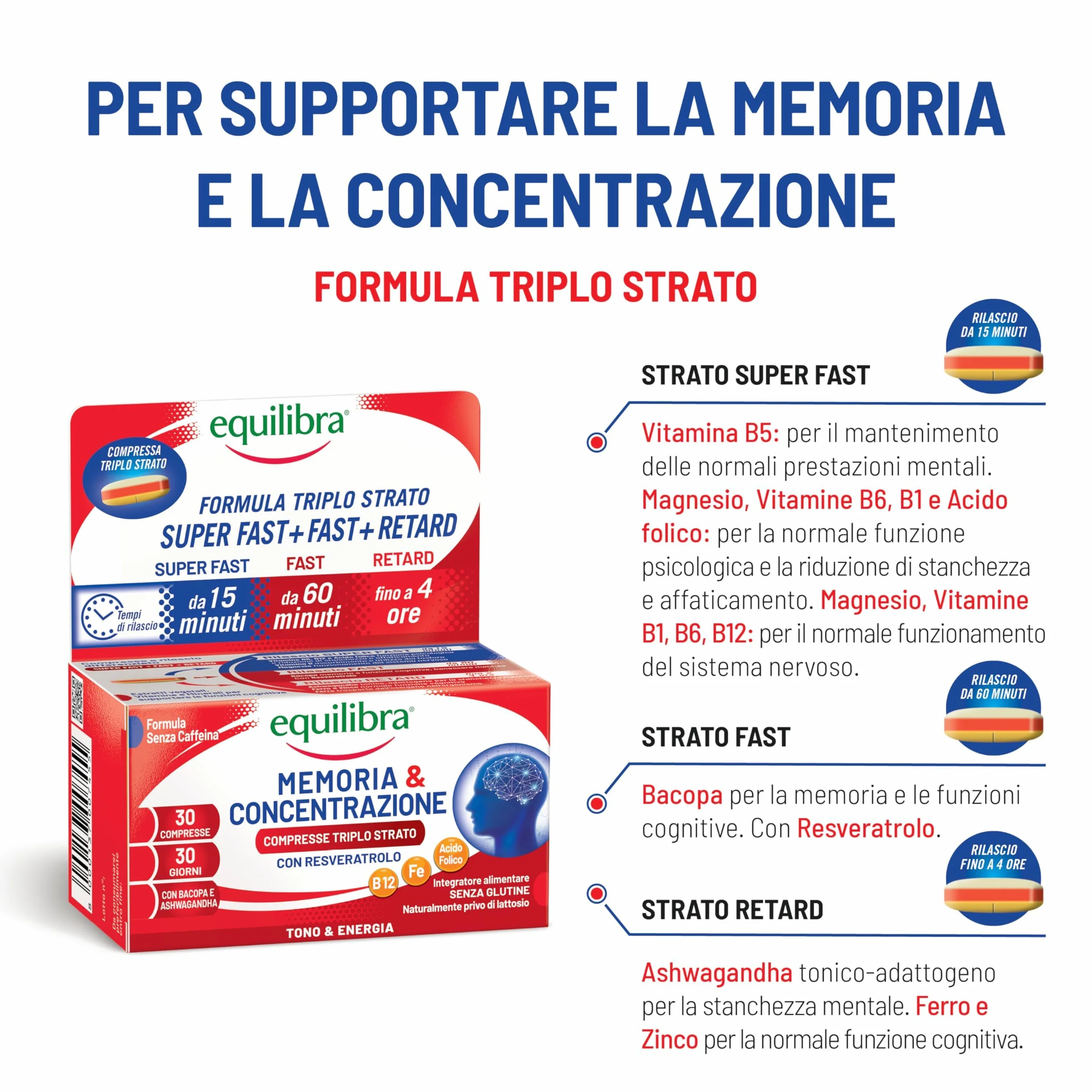 Equilibra Memoria e Concentrazione 30 Compresse Triplo-Strato Ferro Zinco Ashwagandha Bacopa Resveratrolo Integratore Multivitamine e Minerali Rilascio Graduale