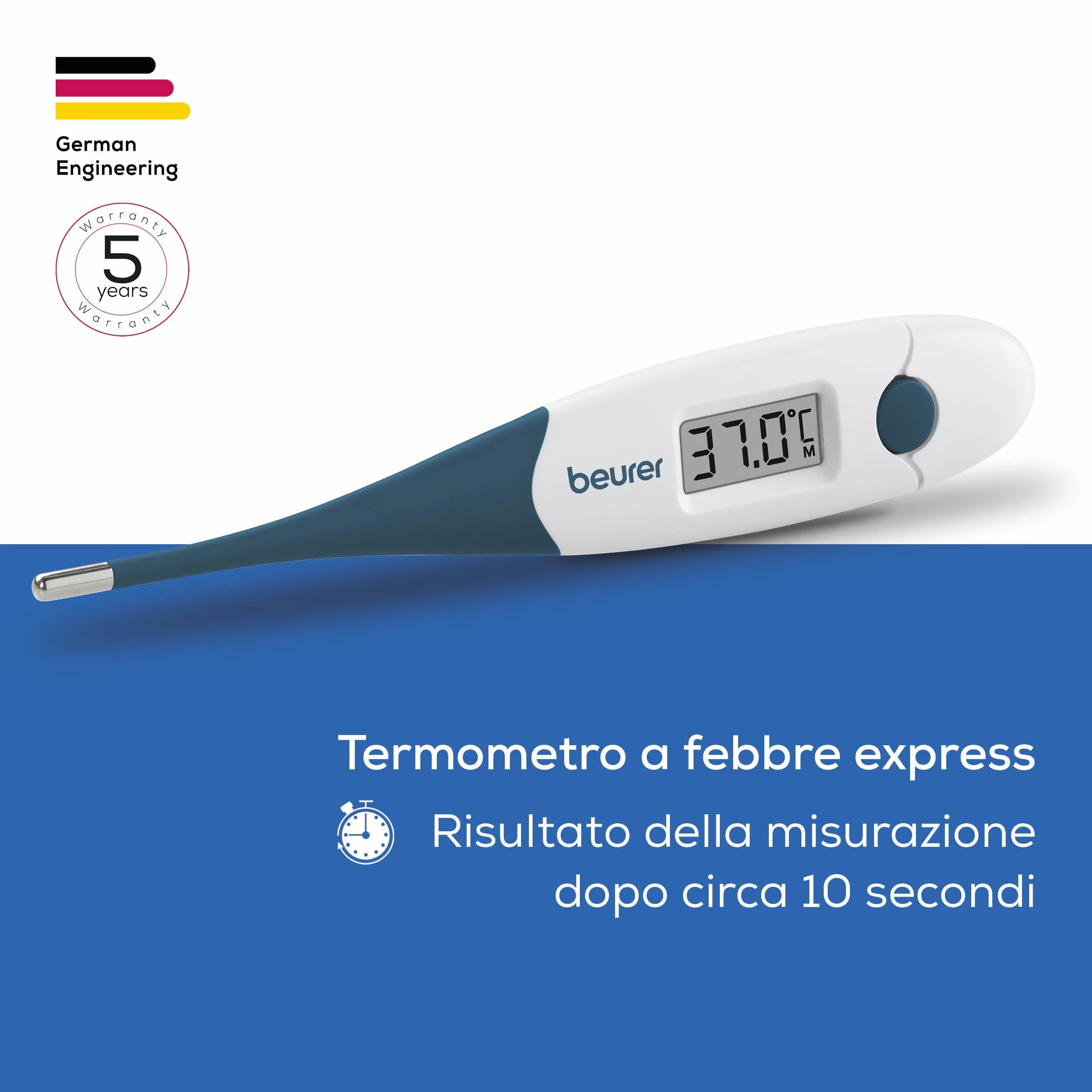 Beurer FT 17 Termometro Digitale Febbre con Punta Flessibile, Orale Rettale Ascellare, Risultato 10s Neonati Bambini Adulti
