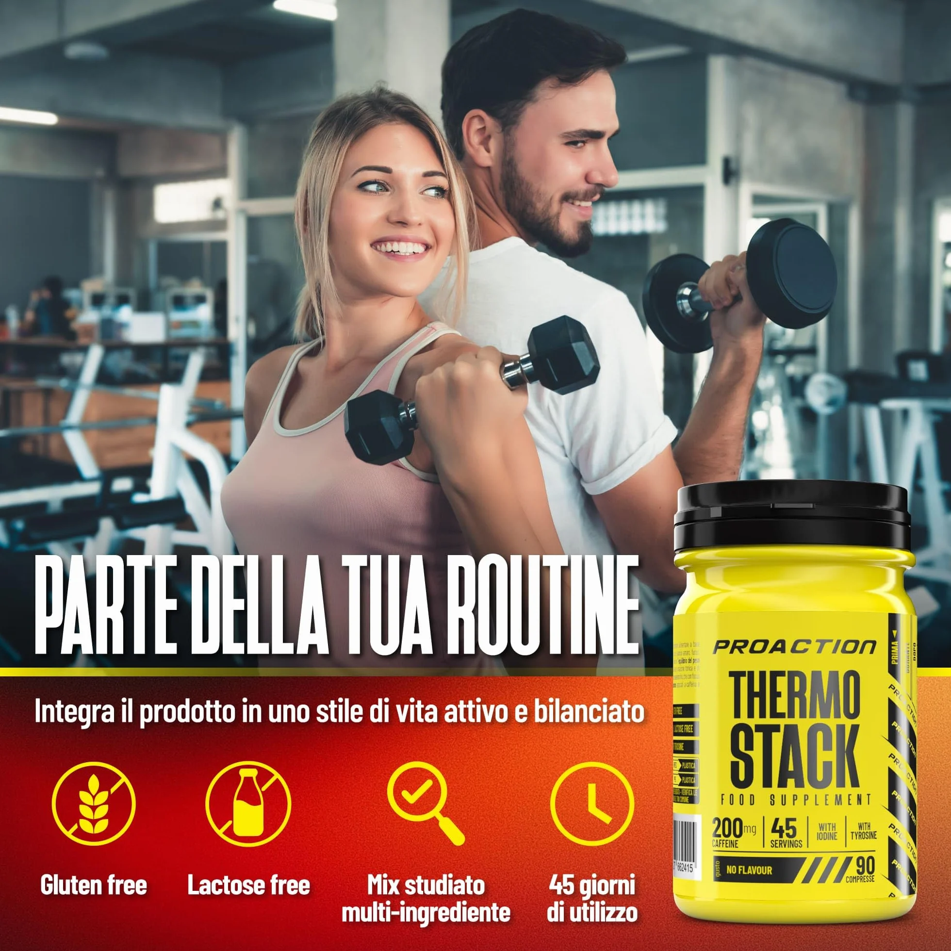 ProAction Thermo Stack Integratore Alimentare Compresse Caffeina L-Tirosina Estratti Vegetali 45 Porzioni 90 cpr