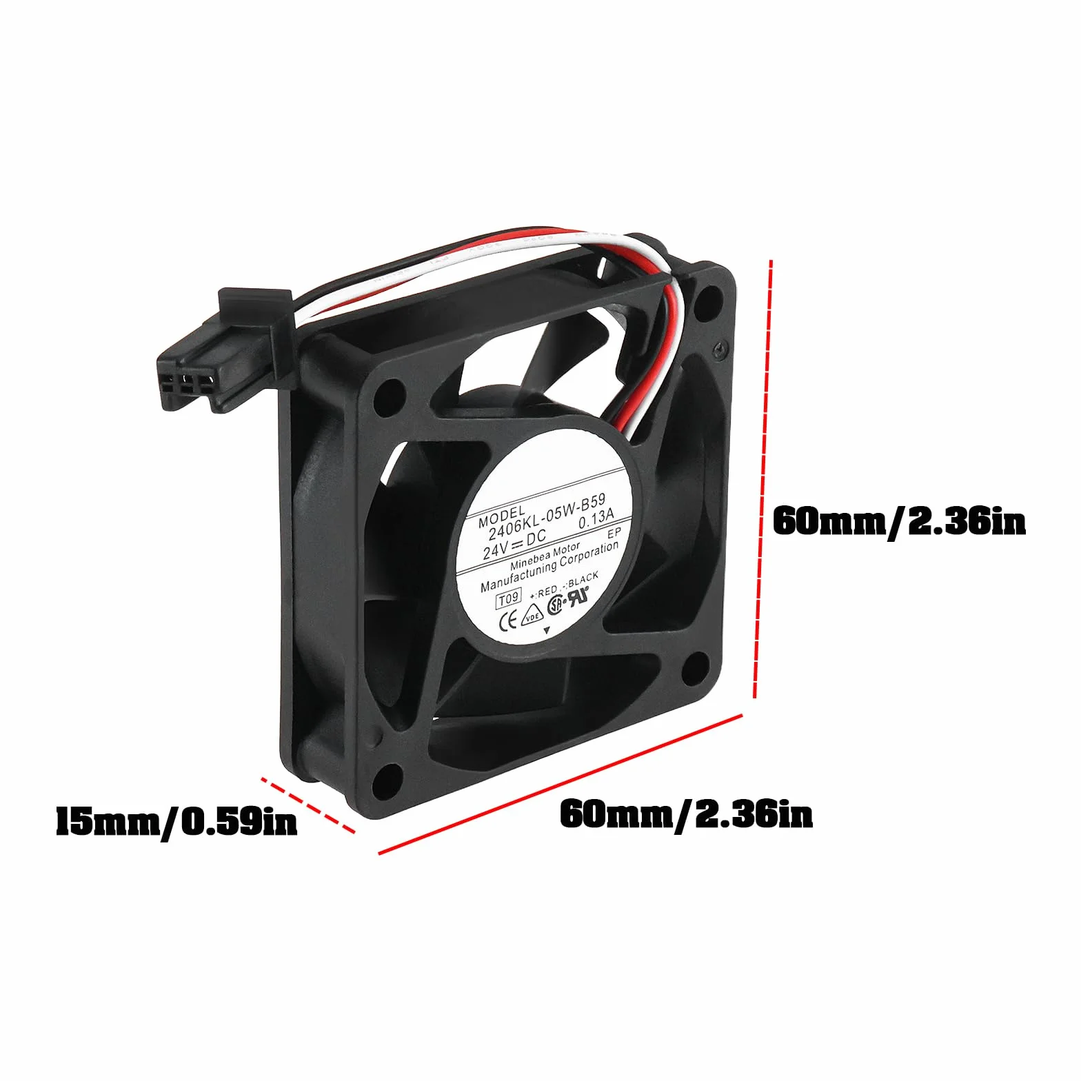 Ventola di Raffreddamento DC 24V 0,13A con Spina A 3 Pin 60x60x15mm 2406KL-05W-B59 Compatibile con NMB-Mat Desktop Laptop Server
