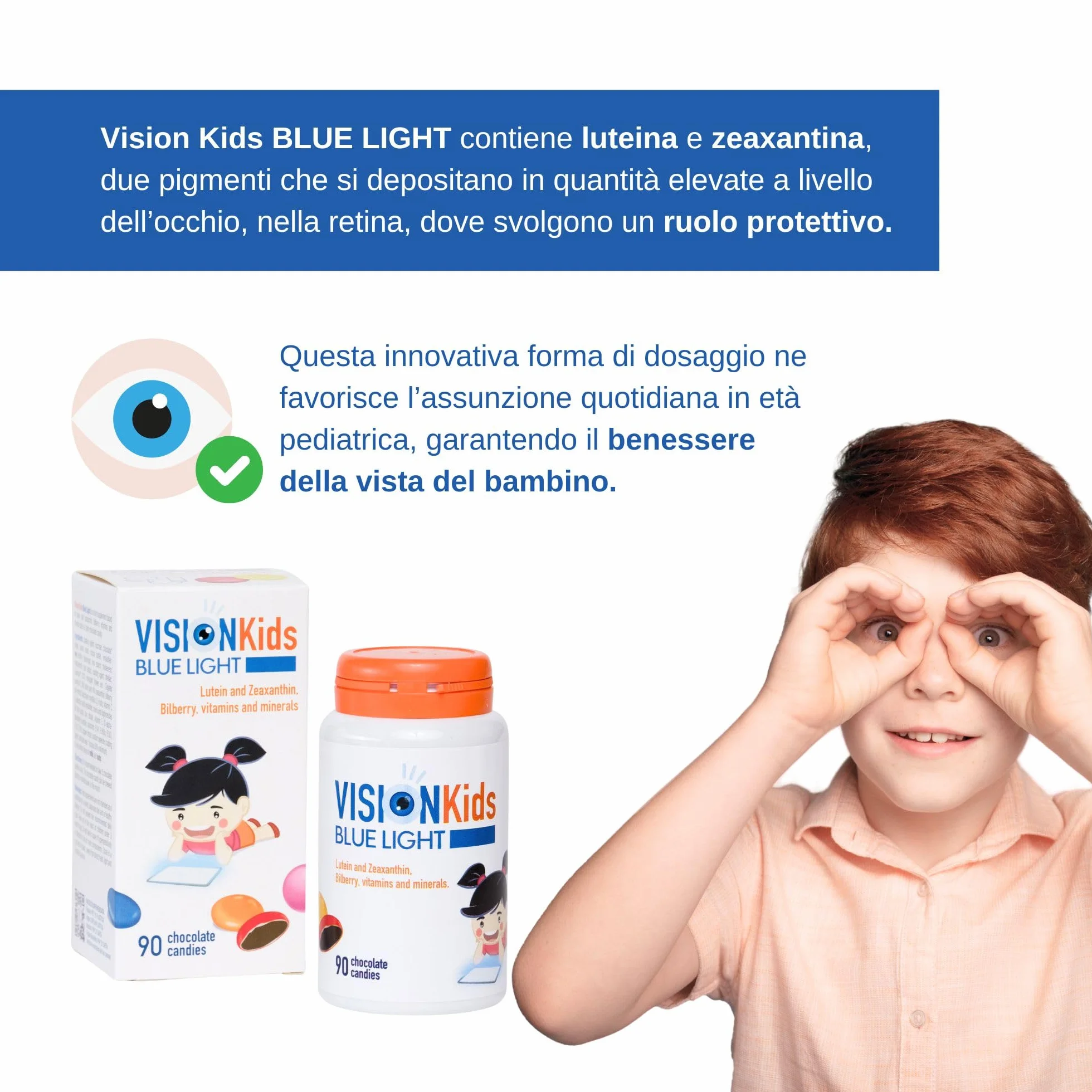 Integratore Occhi Luteina Zeaxantina Bambini 3+ Anni 90 Confetti Vision Kids BLUE LIGHT Protezione Retina Luce Blu