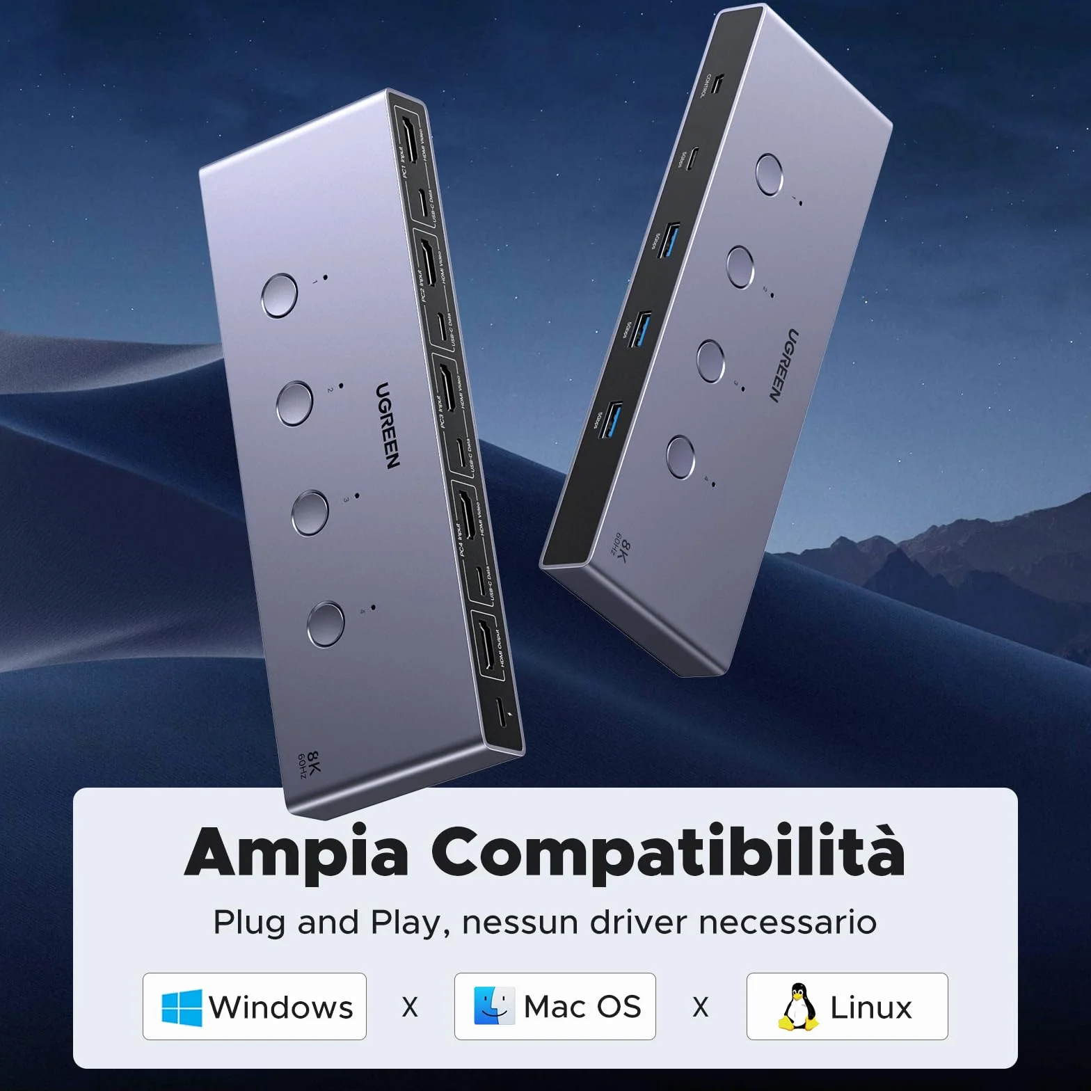 UGREEN Switch KVM HDMI 2.1 4 in 1 out 8K@60Hz USB 3.0, Switch USB 3.0 a 4 Porte per la Condivisione di 2 PC, 1 Monitor, Tastiera, Mouse, Stampante e Disco Rigido