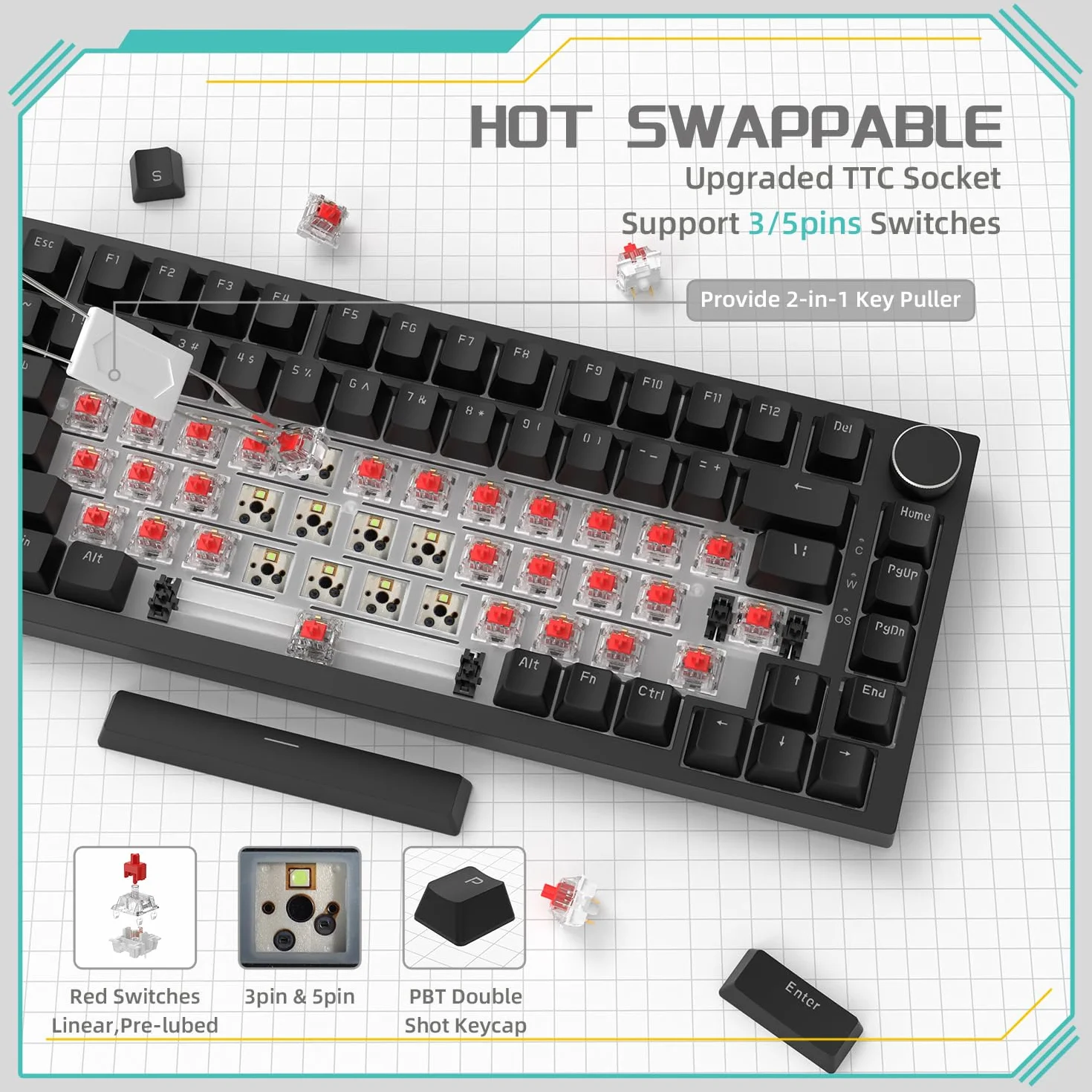 YINDIAO Ajazz AK820 Tastiera Meccanica con Manopola,Layout ANSI 75%,Tastiera da Gioco Cablata 81 Tasti, 5 Schiuma Fonoassorbente,Hot-swap,Interruttore Blu,Luce Bianca Ghiaccio,per PC,MAC (Nero)