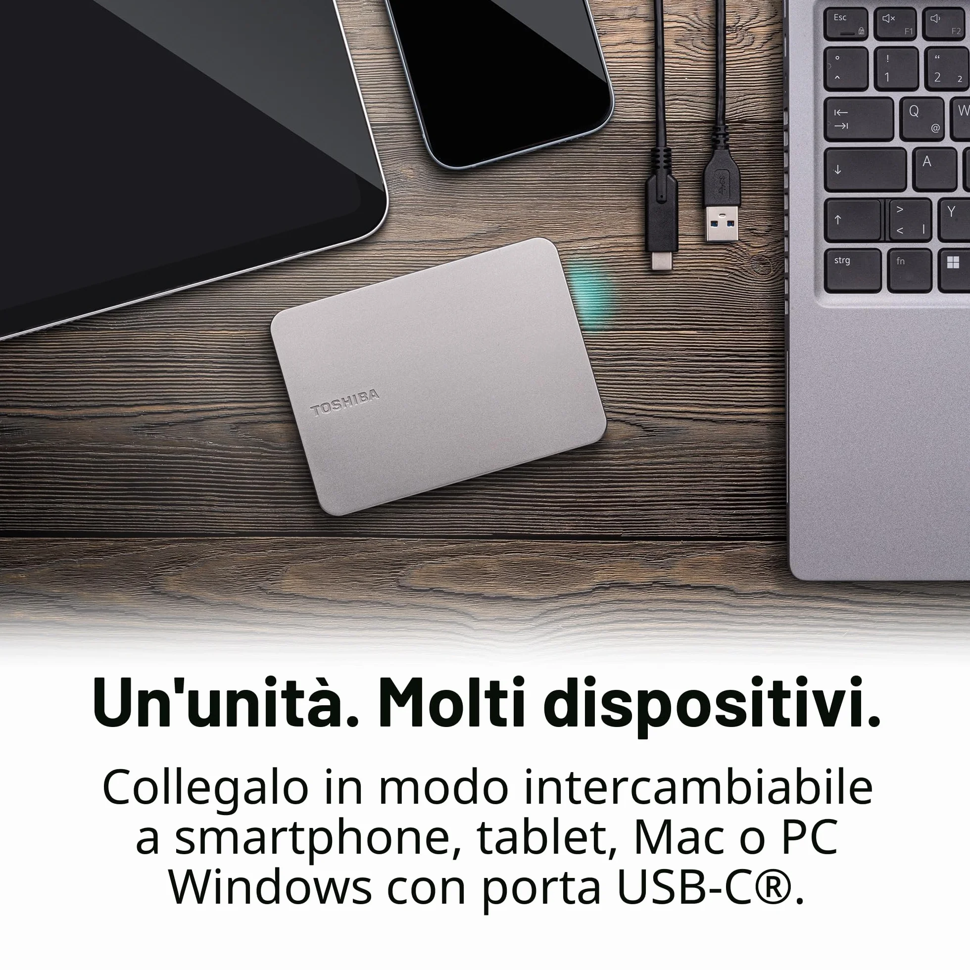 Toshiba Canvio Flex 2TB – Hard disk esterno portatile da 2,5'' (HDD) per Mac, PC Windows, smartphone e tablet, compatibile con la maggior parte dei dispositivi USB-C e USB-A, argento caldo