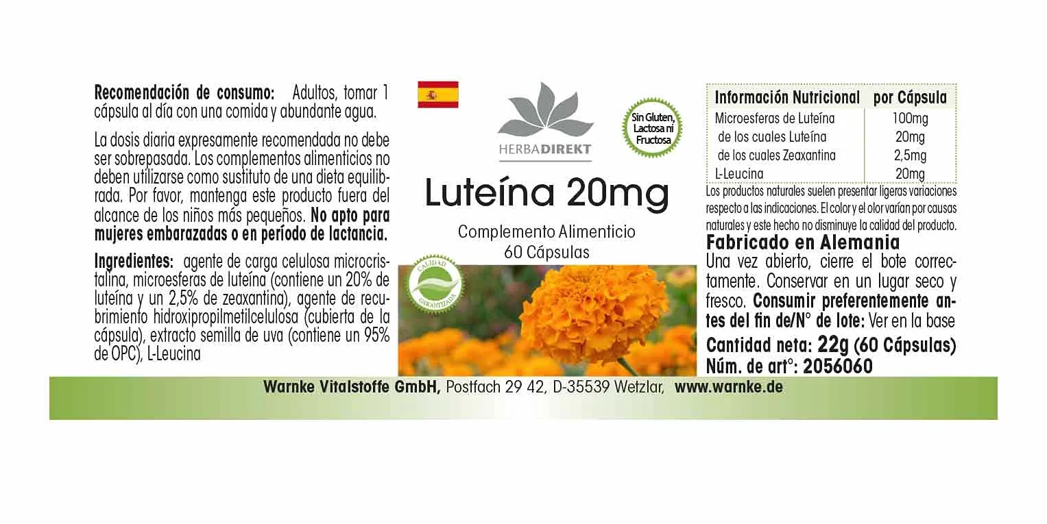Luteina 20mg Microincapsulata 60 Capsule Vegan HERBADIREKT Warnke Vitalstoffe