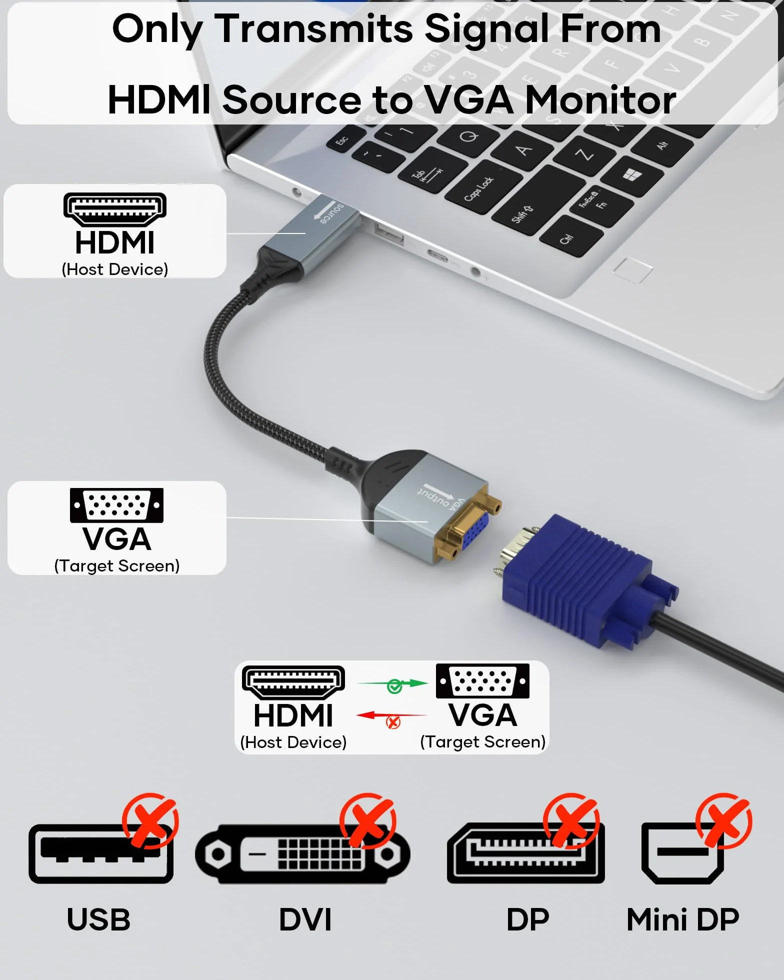 Adattatore HDMI a VGA, HDMI maschio a VGA femmina 1080P a 60Hz compatibile con desktop, laptop, PC, monitor, proiettore, HDTV, Chromebook, Raspberry Pi, Roku, Xbox e altro