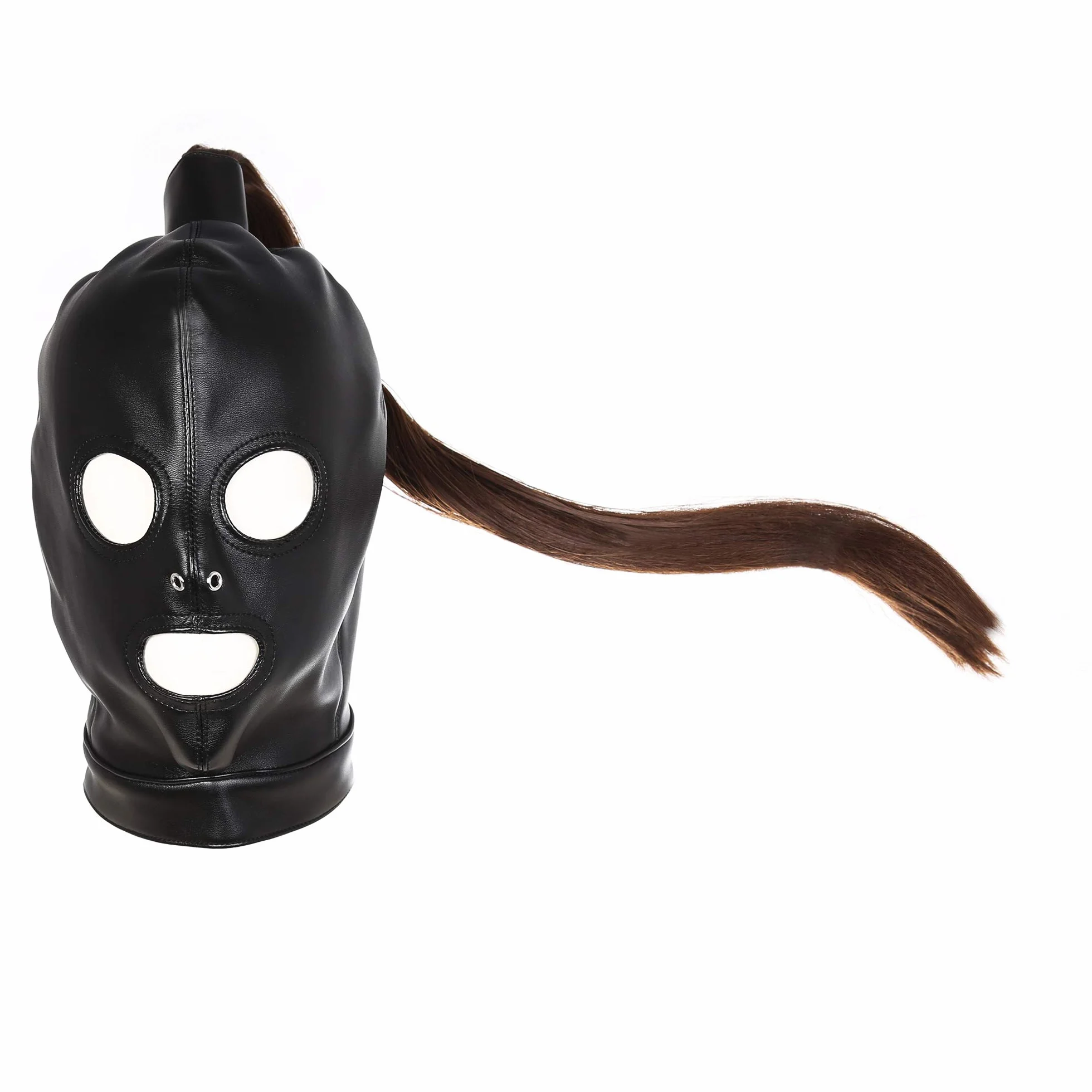 SXOVO Maschera da testa in pelle per preliminari cappuccio bondage con parrucca rimovibile BDSM