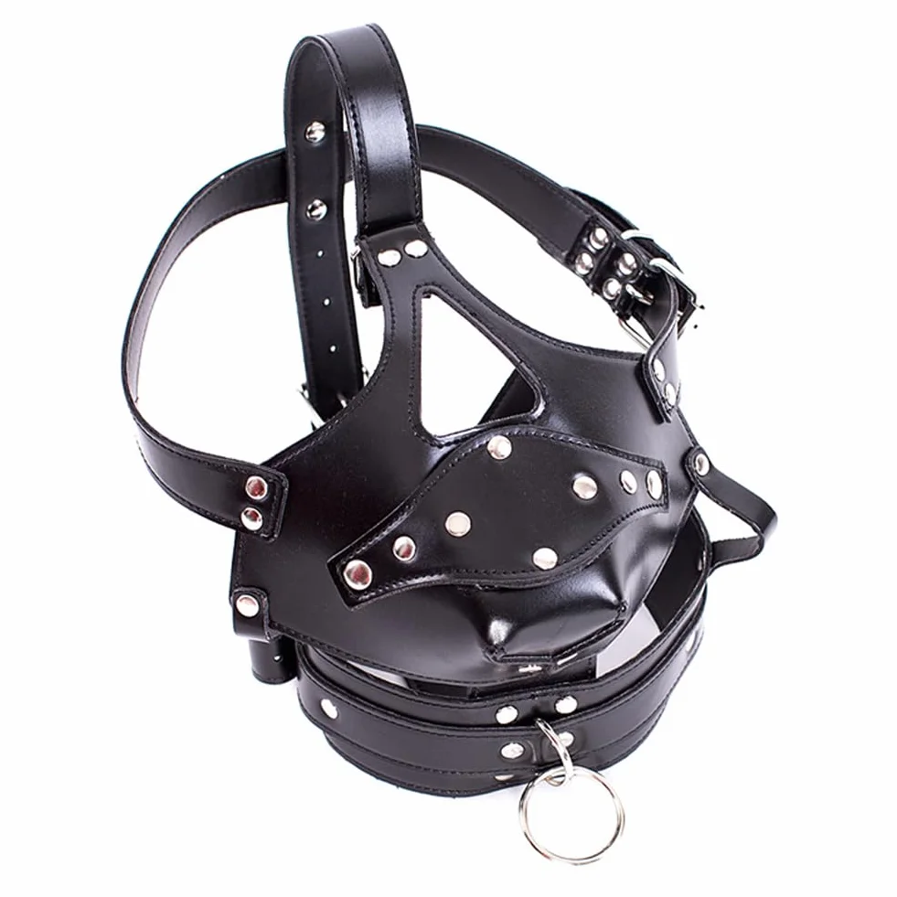 SM Maschera bondage in pelle regolabile con cappuccio e bavaglio per schiavi