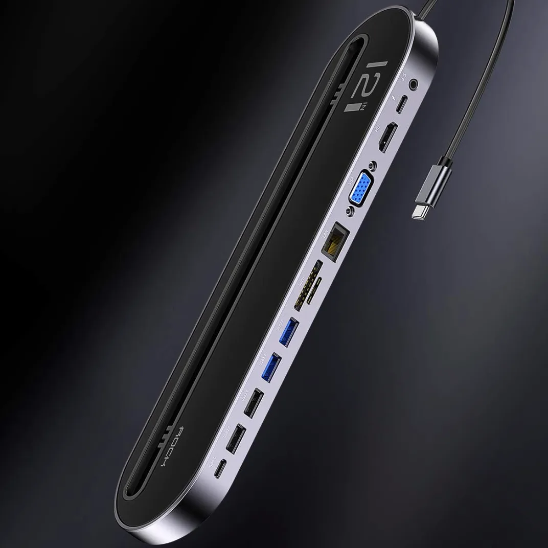 HUB USB Docking Station Splitter Multi-Function HUB Laptop Stand Base 12 in 1 USB 3-C/Type-C + 2 USB 2.0 + 2 USB 3.0 + Porta RJ45 Ethernet Gigabit + VGA + HDMI con TF Card SD/Slot & 3.5mm Jack DAT