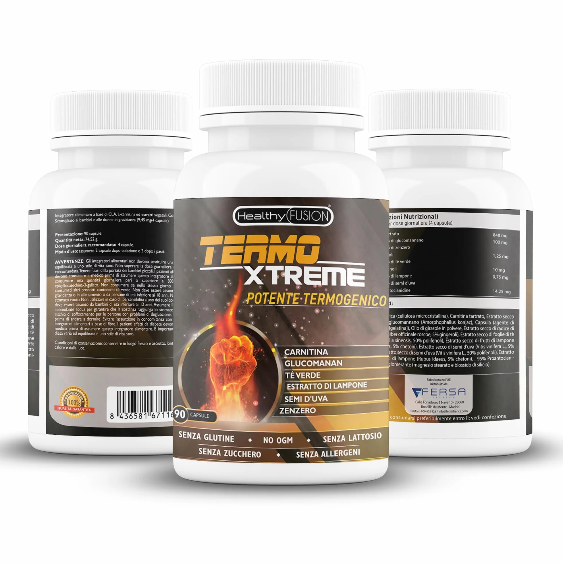 Healthy Fusion TermoXtreme Termogenico dimagrante bruciagrassi L-Carnitina CLA Glucomannano Tè verde 90u