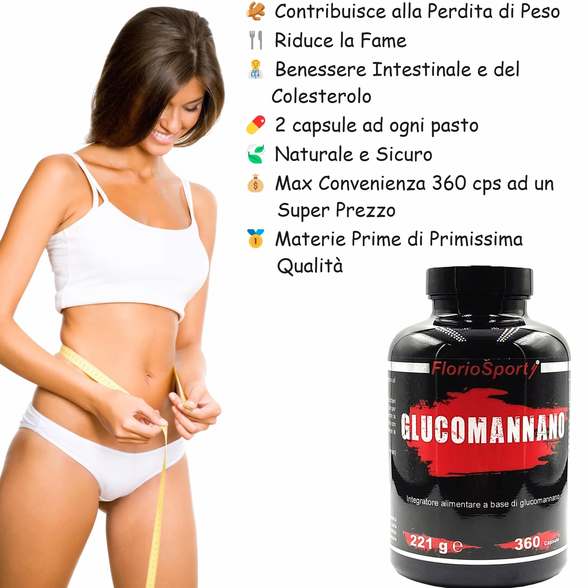Glucomannano Forte 360 Capsule 500mg FlorioSport Integratore Fibra Vegetale Radice Konjac