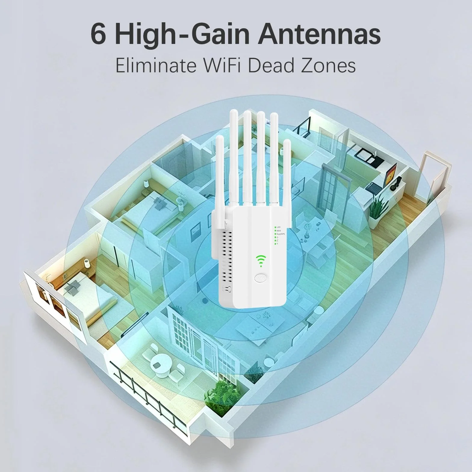Amplificatore WiFi 300 Mbps per Casa, Ripetitore Segnale WiFi 2.4GHz con 6 Antenne ad Alto Guadagno, Porta LAN Gigabit, Modalità Router/AP, WPS, per Streaming Gaming Online Senza Interruzioni