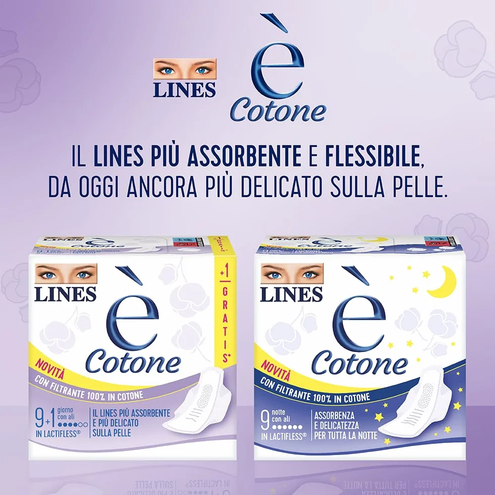 LINES E' COTONE GIORNO con ali assorbenti mestruali 10 pezzi Lactifless cotone delicato