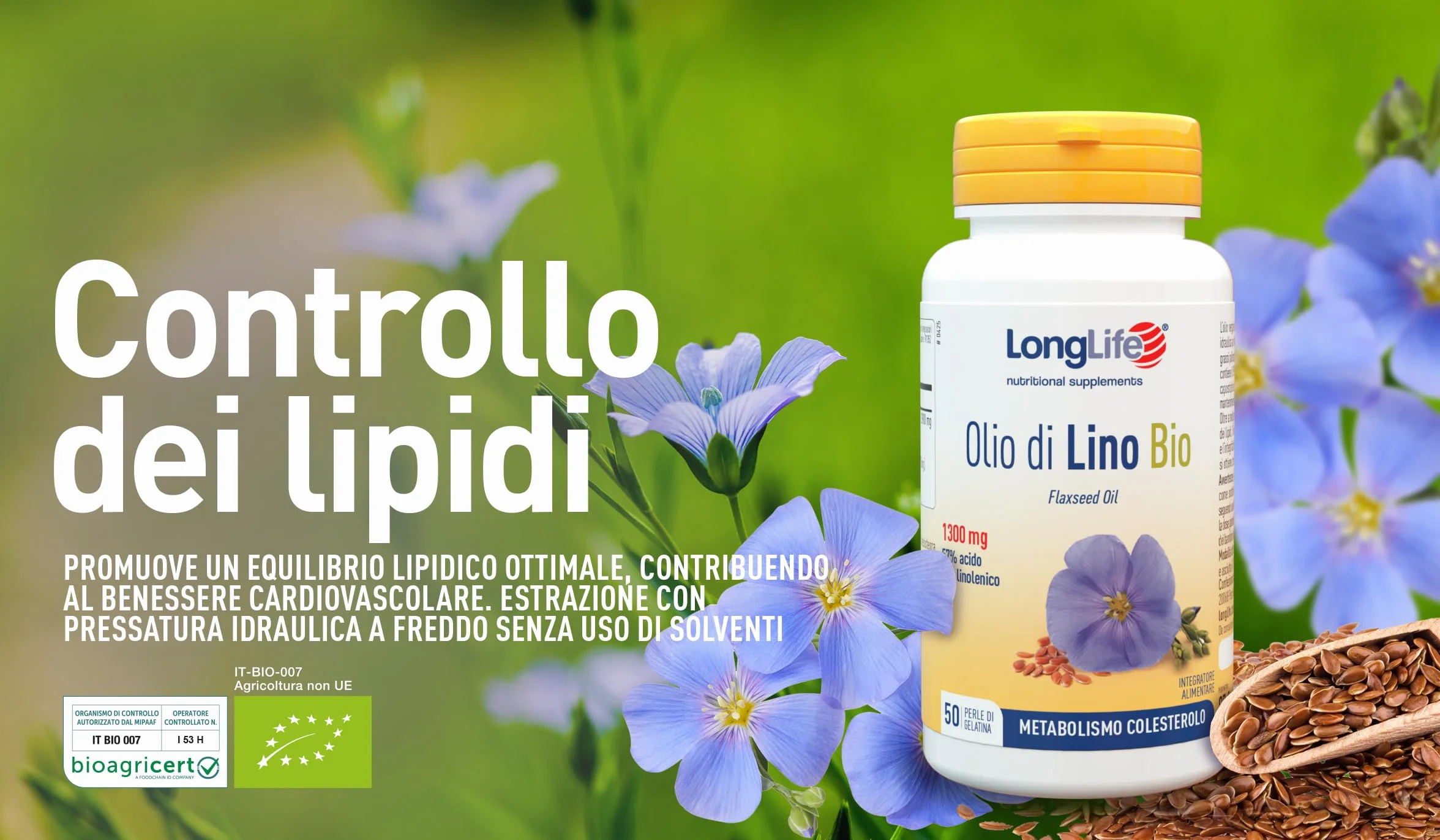 LongLife Olio di Lino Bio 57% acido alfa-linolenico 50 perle Supporto metabolismo lipidico Senza glutine