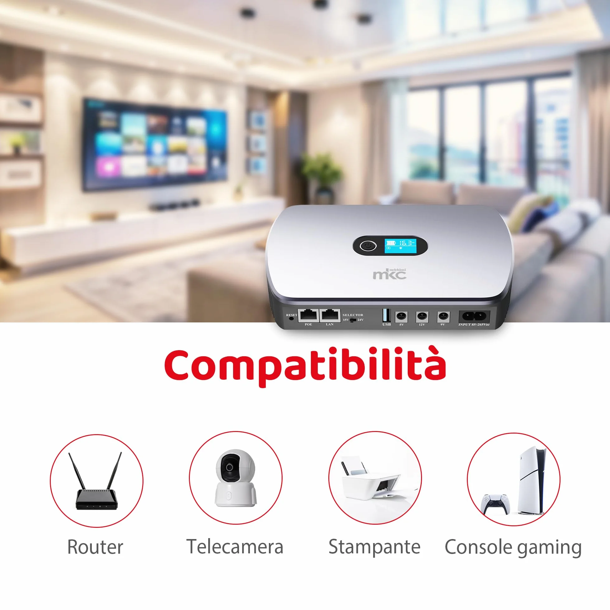 Melchioni Mini UPS MK-8800 con display LCD e uscite multiple per router e smart, 8800mAh (32Wh) Gruppo di Continuità 12V/2A con USB 5V/3,6A e PoE