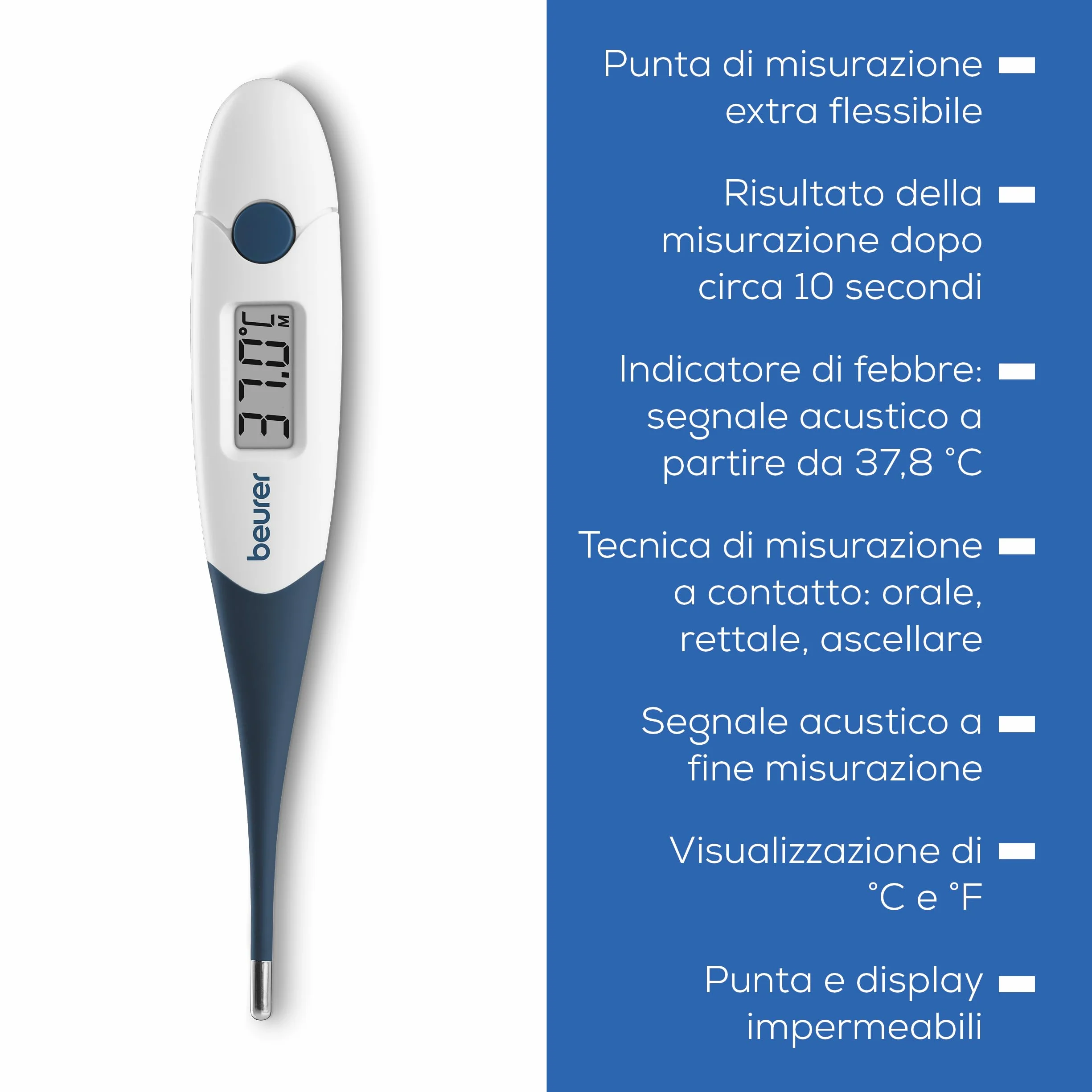 Beurer FT 17 Termometro Digitale Febbre con Punta Flessibile, Orale Rettale Ascellare, Risultato 10s Neonati Bambini Adulti