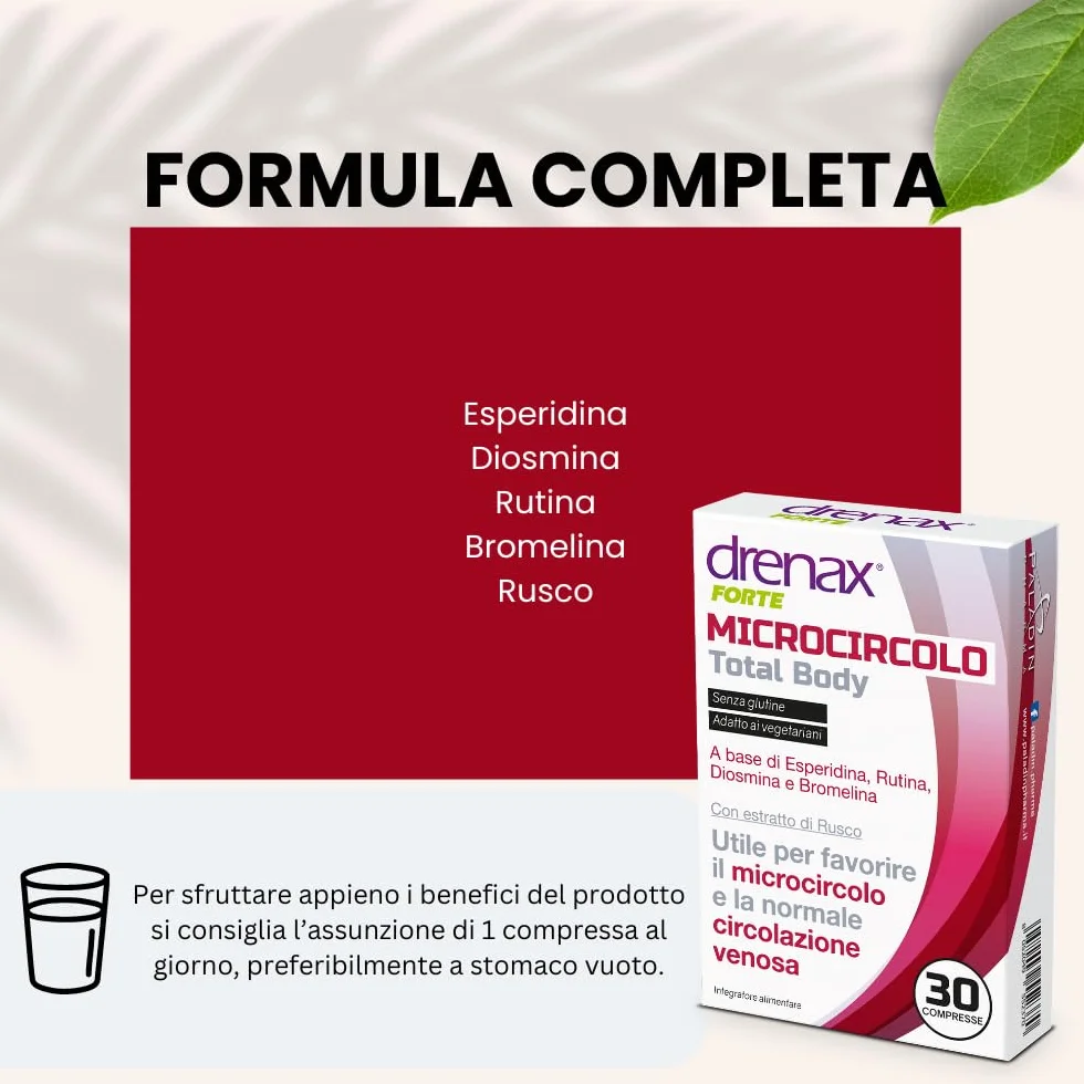 Drenax Total Body 30 Compresse Microcircolo Circolazione Venosa Gambe Gonfie Rutina Bromelina Rusco Flavonoidi Senza Glutine