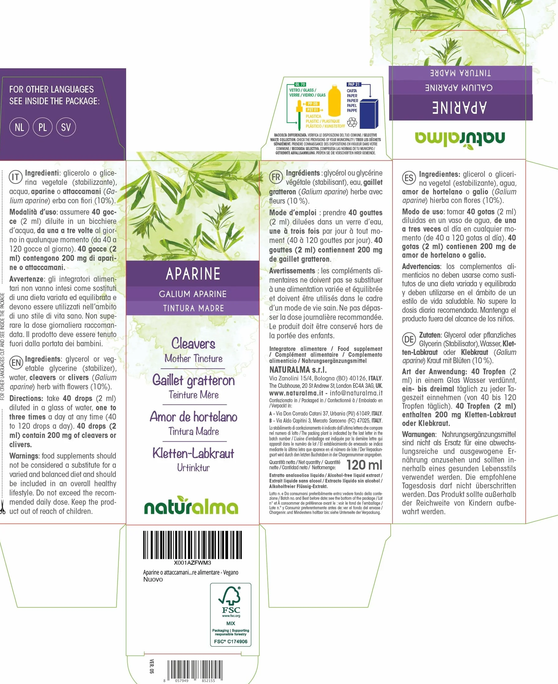 Galium aparine Tintura Madre analcoolica Naturalma Estratto liquido gocce 120 ml Integratore alimentare Vegano