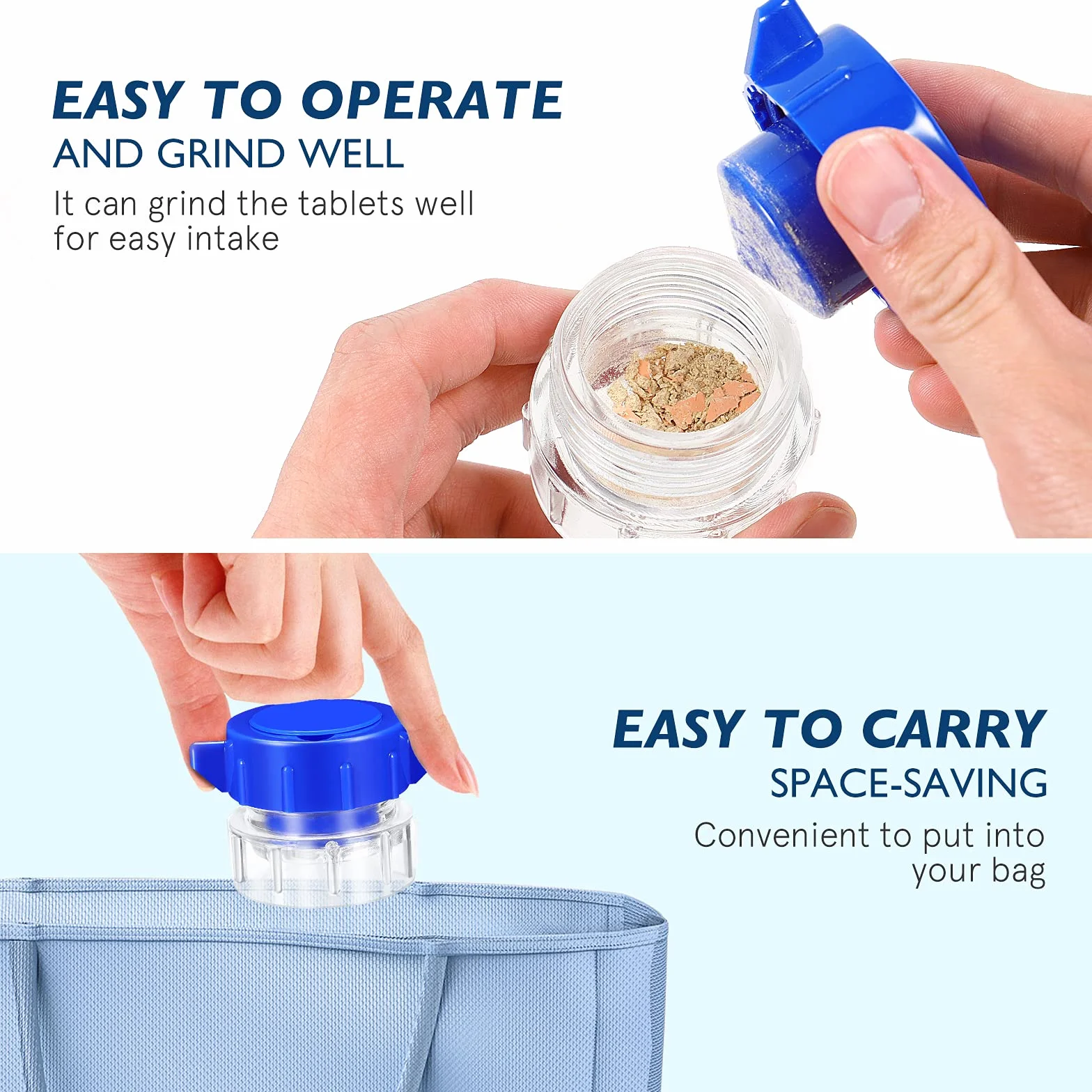Tritapillole con contenitore in plastica multifunzione portatile blu