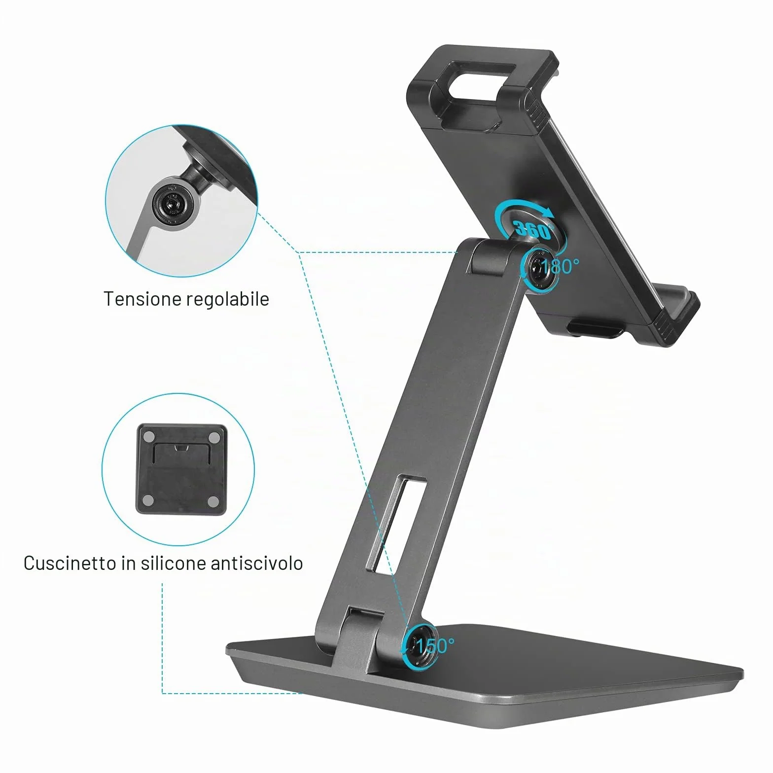 Supporto Tablet Regolabile e Pieghevole, Porta Tablet in Alluminio Tavolo Girevole a 360°, Compatibile con iPad Pro/Air/Mini, Samsung Tab, Surface Pro, Kindle Fire (7-13") (Grigio Scuro)
