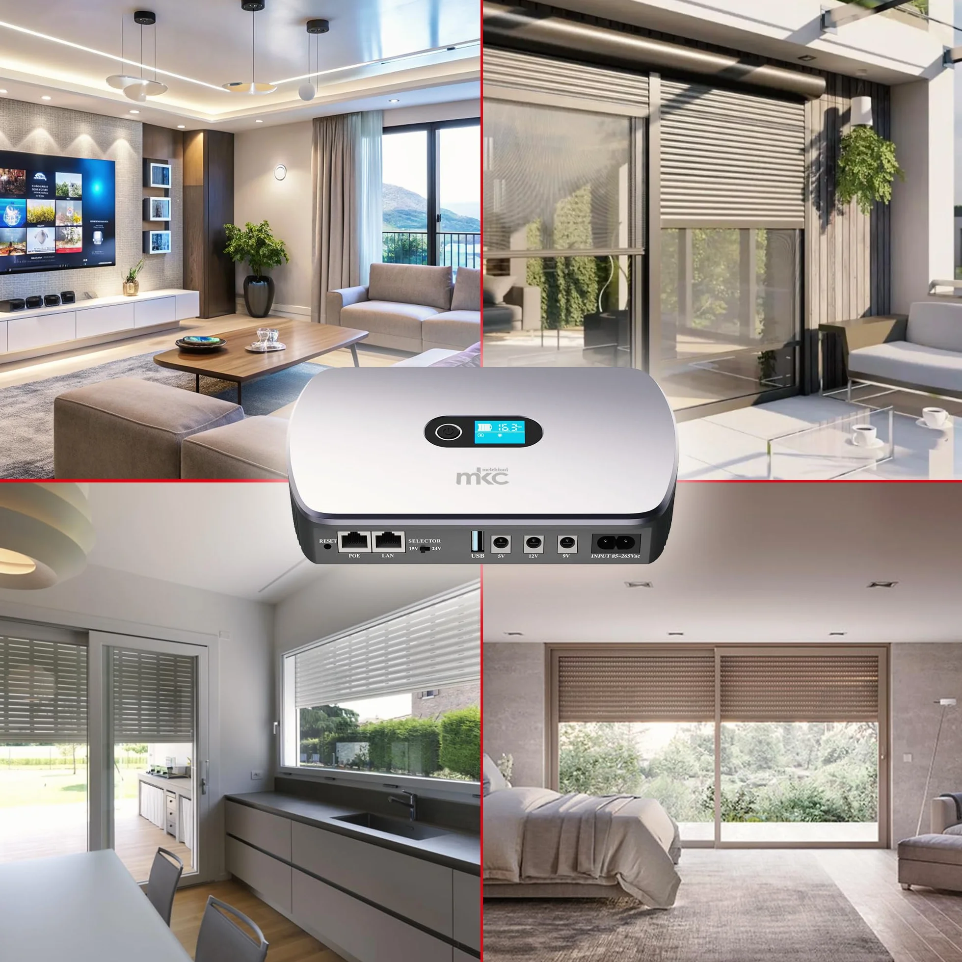 Melchioni Mini UPS MK-8800 con display LCD e uscite multiple per router e smart, 8800mAh (32Wh) Gruppo di Continuità 12V/2A con USB 5V/3,6A e PoE