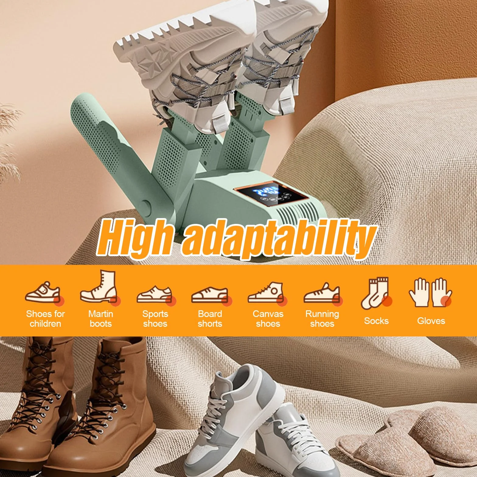 Asciuga Scarpe Elettrico per Due Paia, Pieghevole con Doppio Supporto, Display LED Temperatura, Deodorizzazione UV