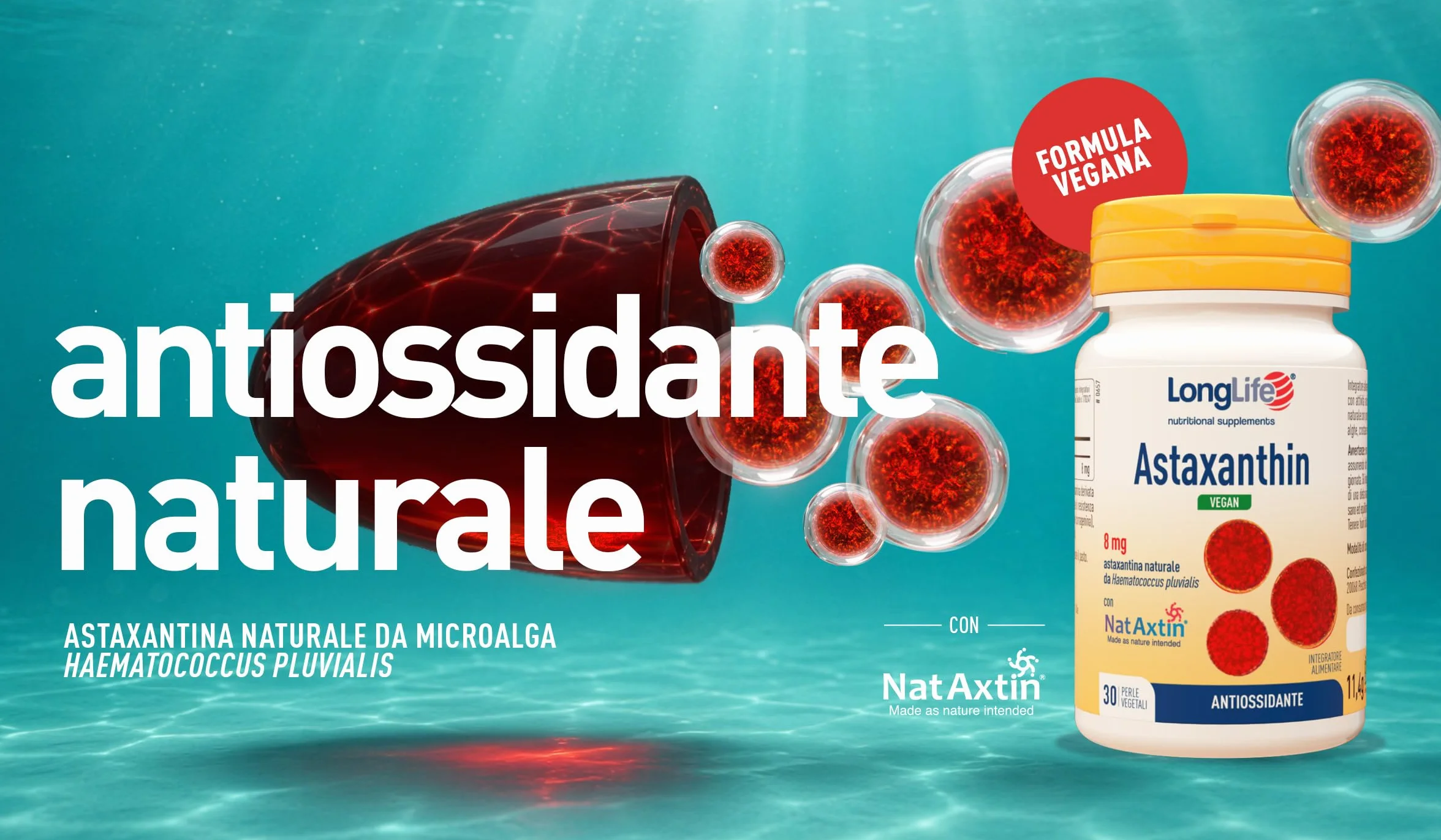 LongLife® Astaxanthin Vegan 8 mg Astaxantina naturale antiossidante pelle NatAxtin® 1 mese Vegano