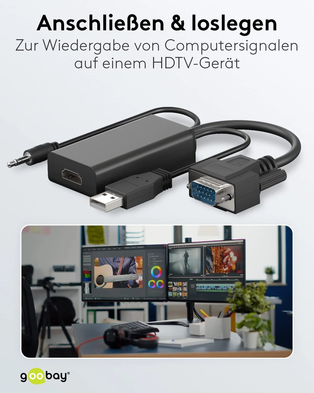Goobay 61259 Adattatore VGA a HDMI per Full HD 1080p @ 60Hz - Converte VGA e Audio a Segnali HDMI - Cavo Monitor Nero
