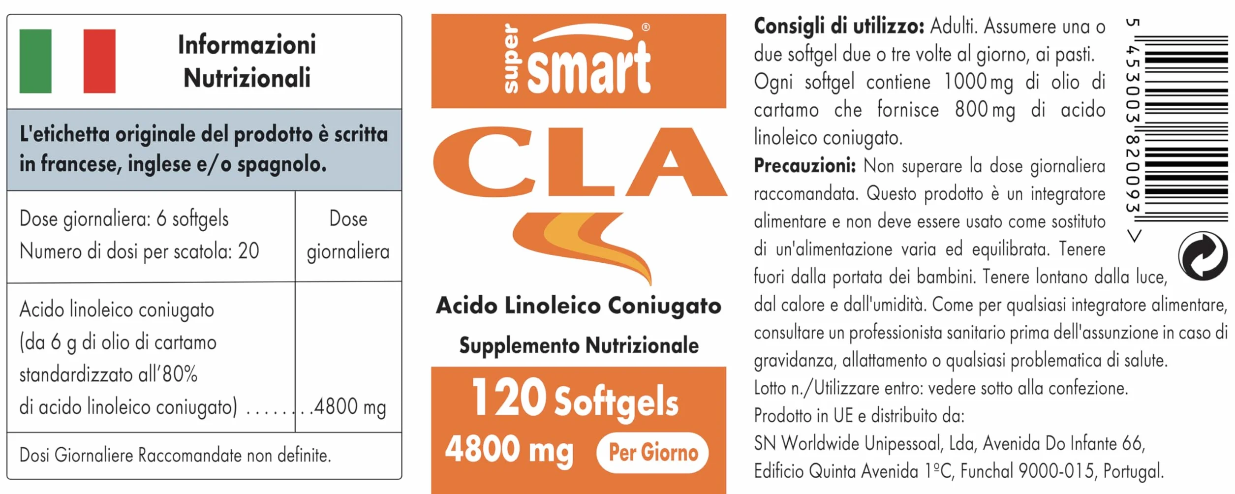 SuperSmart Tonalin CLA Acido Linoleico Coniugato Olio di Cartamo Supporto Gestione Peso Crescita Muscolare Senza Glutine