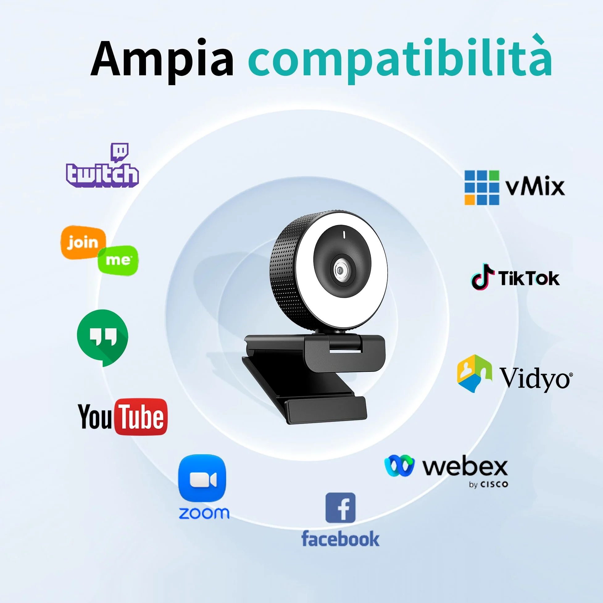 Webcam 1080P 60FPS con Microfono, Ring Light, Autofocus, 3 Modalità di illuminazione con Dimmerazione Continua per Videoconferenze su PC, Mac, Laptop e Tablet