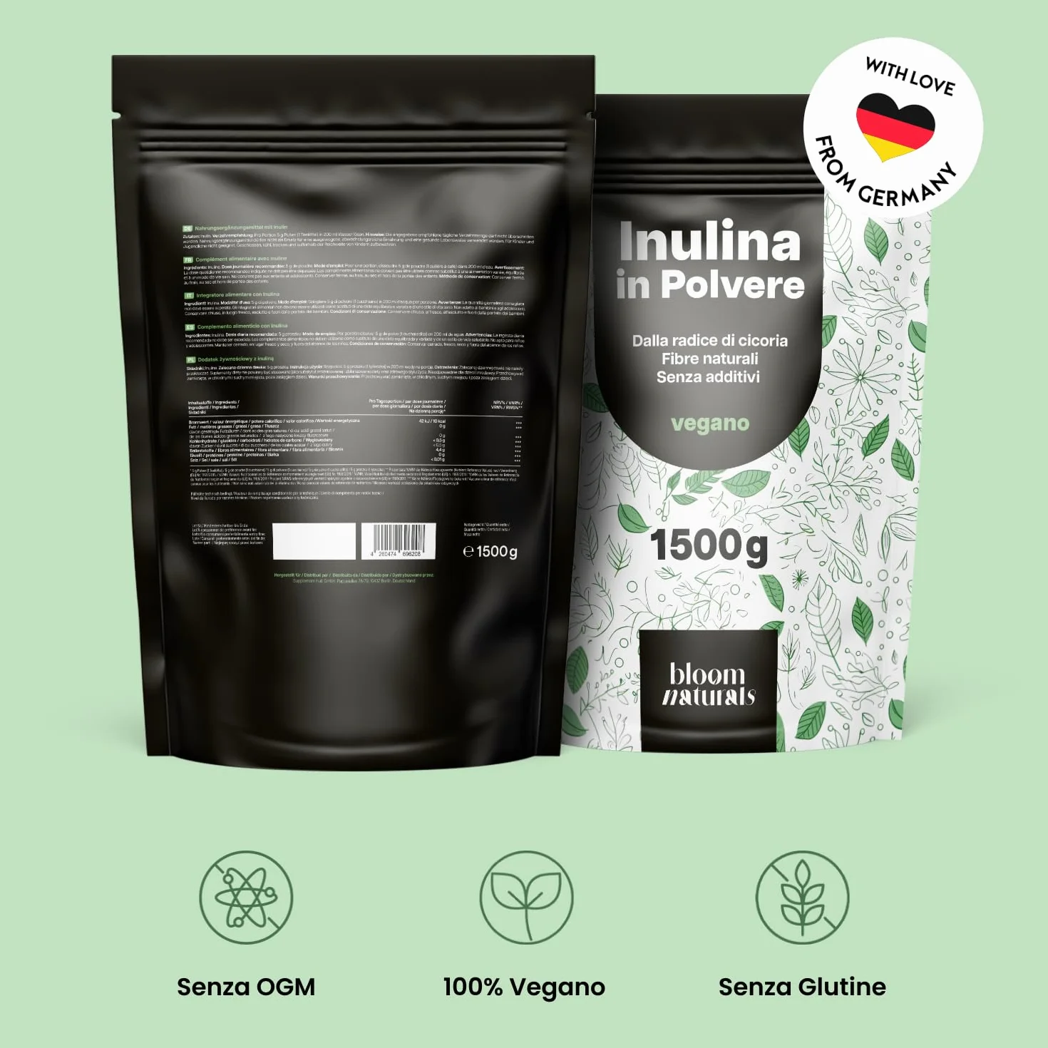 Fibra di Cicoria in Polvere 1500g Senza Additivi Vegana Prodotta in Germania