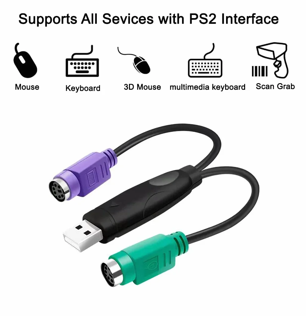 Adattatore PS2 a USB, Maschio a PS/2 Femmina Con Chip Integrato - Non Necessita Driver, Plug and Play (Nero)