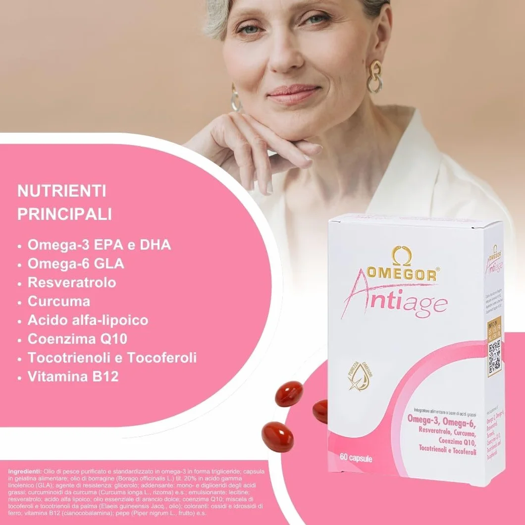 OMEGOR Antiage Integratore Pelle Antiossidante con Omega 3 e 6, Coenzima Q10, Resveratrolo, Alfa Lipoico e Curcuma (60 Capsule)