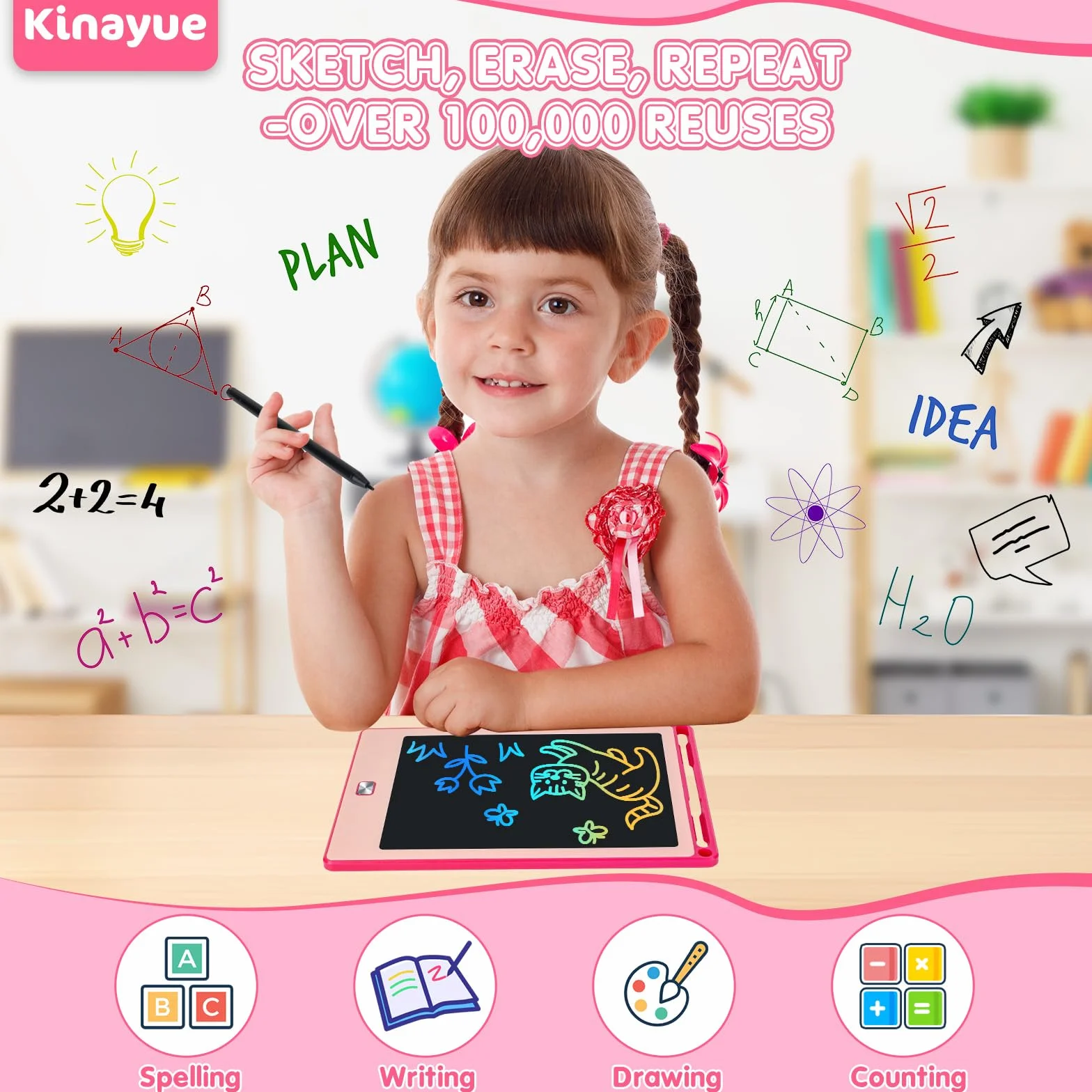 Tavoletta Grafica Bambini LCD 8,5 pollici Lavagnetta Cancellabile Riutilizzabile Rosa