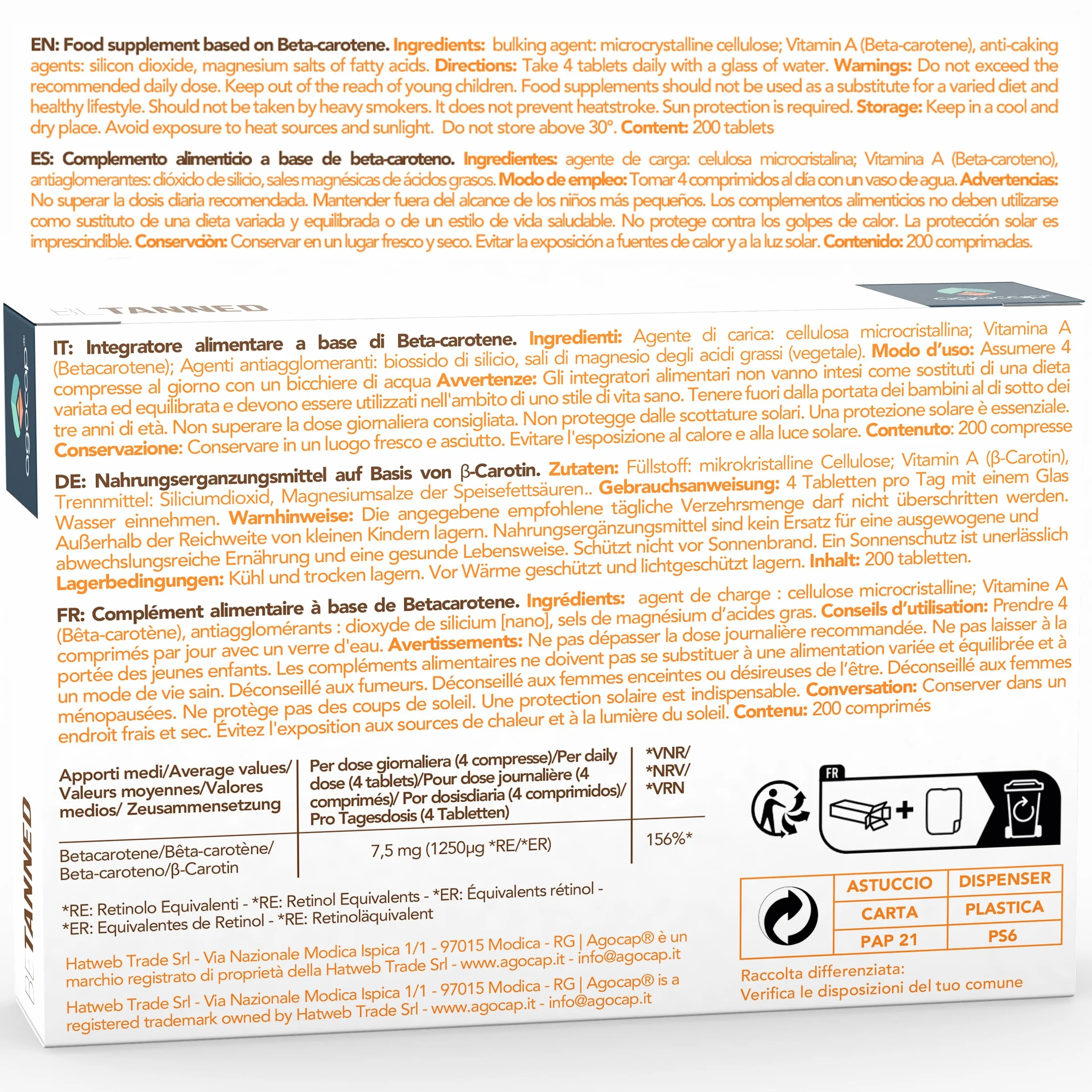 Betacarotene per Abbronzatura FORTE 200 cpr Integratore con Vitamina A e Melanina