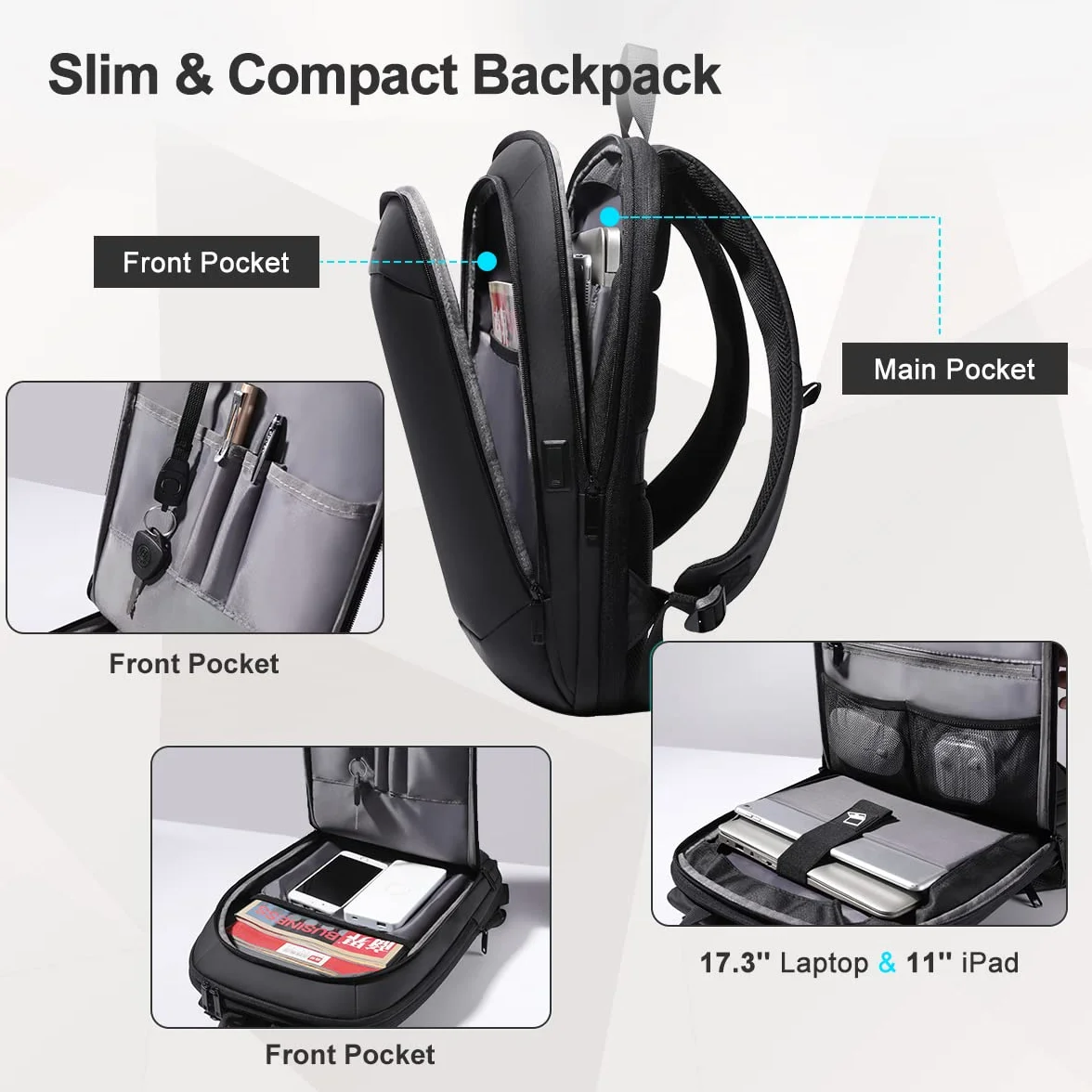 Zaino Porta PC Uomo Donna, Leggero Sottile ed Espandibile Grand per Laptop Impermeabile per Computer Portatile 17 Pollici per Uffico Università Scuola Viaggio Business (27L Nero)