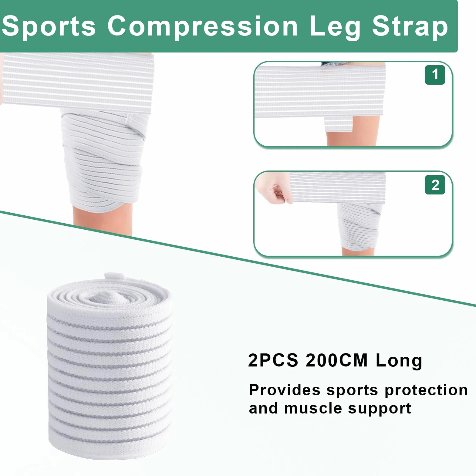 Fascia Elastica Coscia da 200cm, Oberschenkel Sport Kompressionsbandag, Benda Elastica per Gamba e Ginocchio, Bianco, 2 Pezzi