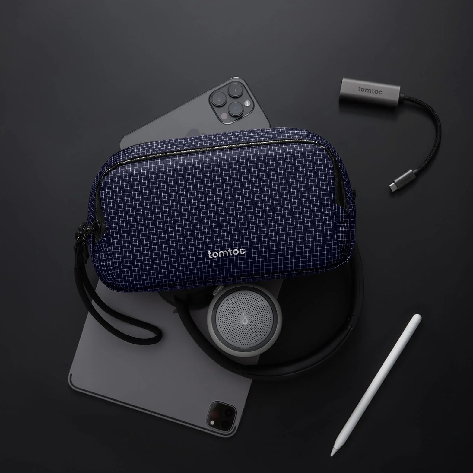 tomtoc T12 New Techpouch UK, Plaid blu, M, Organizer per borse