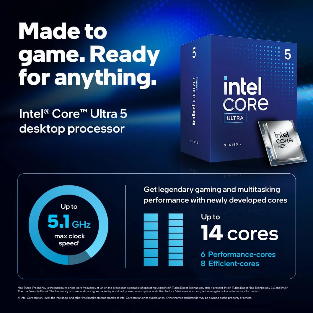 Intel® Core™ Ultra 5 per sistemi processore desktop 225F 10 cores (6 P-cores + 4 E-cores) fino a 4.9 GHz
