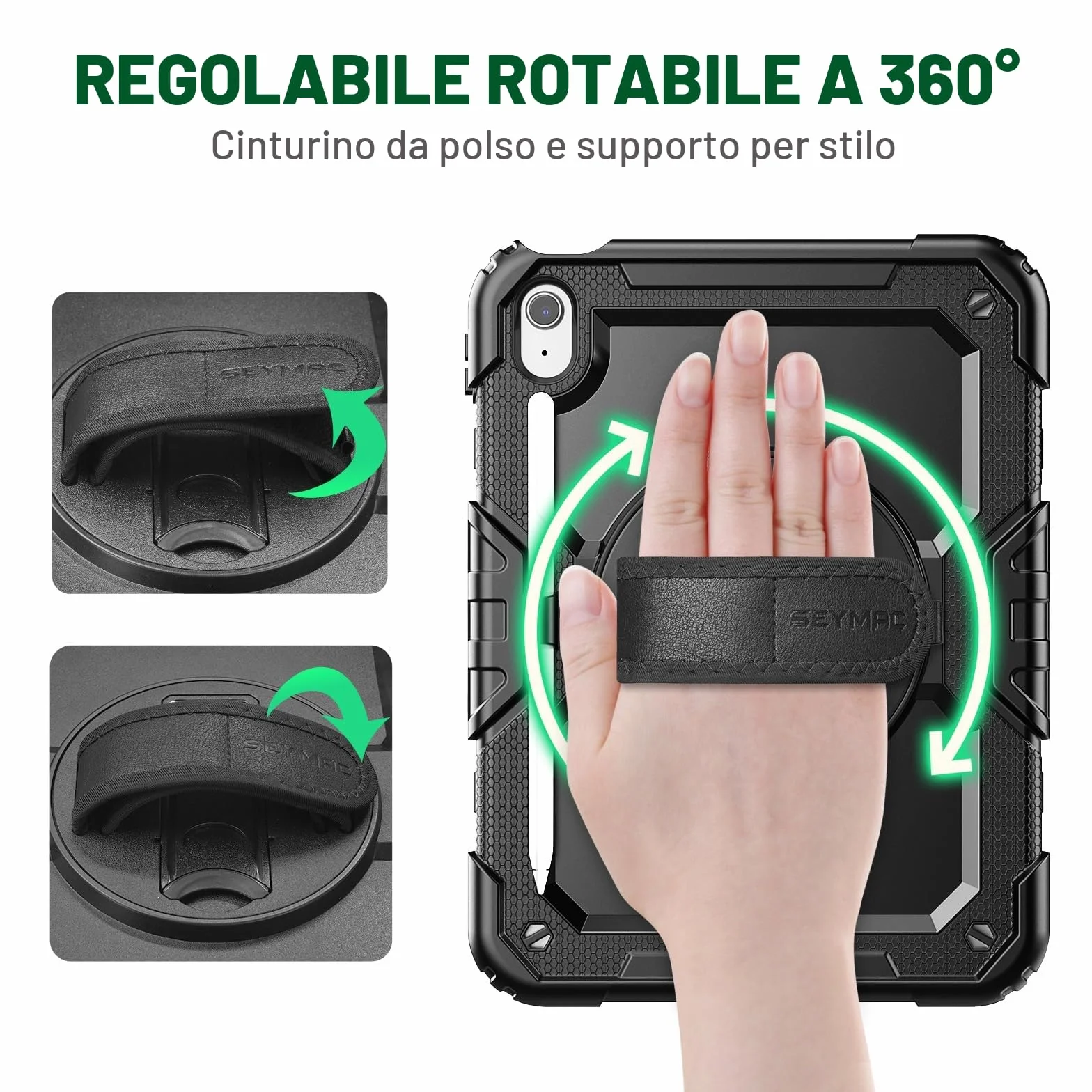 SEYMAC Custodia per iPad A16 11a/10a Generazione 11/10.9 pollici 2025/2022 Resistente agli urti con Protezione Schermo Supporto Girevole 360° Portapenne Tracolla Nero