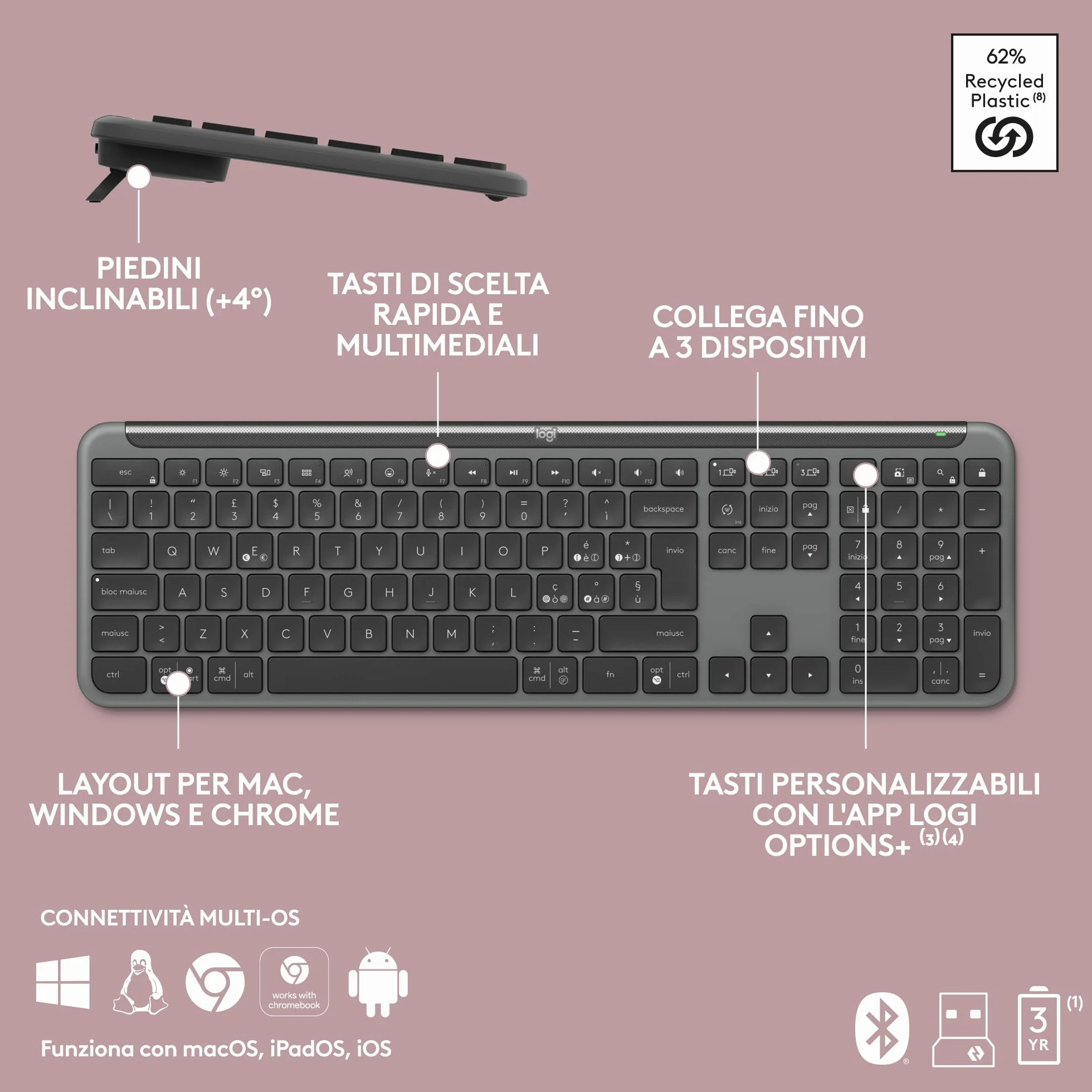 Logitech MK950 Signature Slim wireless tastiera e mouse Kit con di digitazione silenziosi, switch tra tre dispositivi, Bluetooth, più sistemi operativi, Windows, Mac, Layout Italiano QWERTY, Grafite