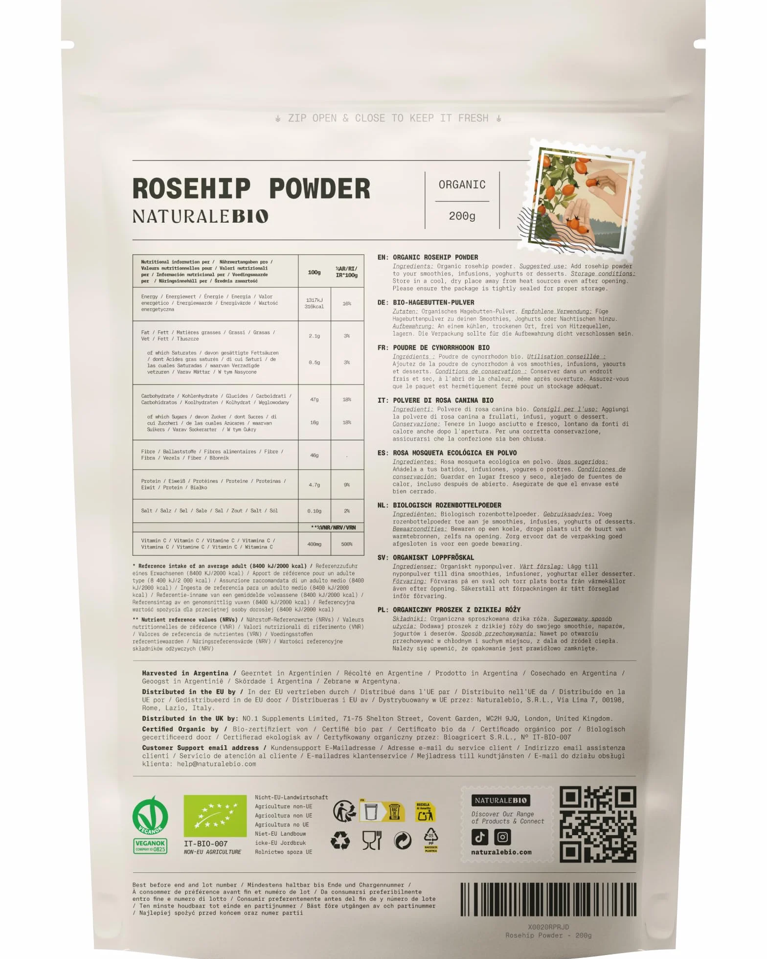 Rosa Canina Cruda Biologica in Polvere 200g Naturale Pura Bacche Bio Cinorrodo Macinato Intero Ricca Vitamina C Infusi Tisane Frullati